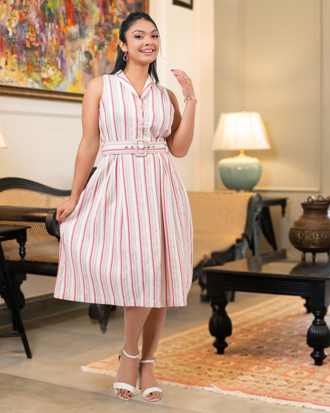 Sleeveless Belt Detail Stripe Short Dress - Image 4