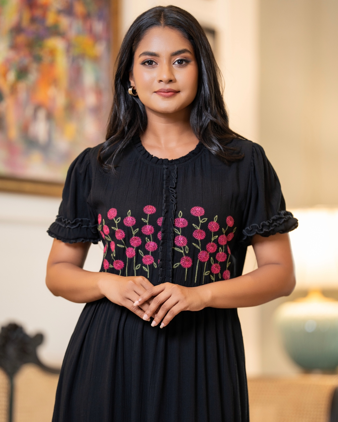 Ruffle Detailed Embroidery Maxi Dress