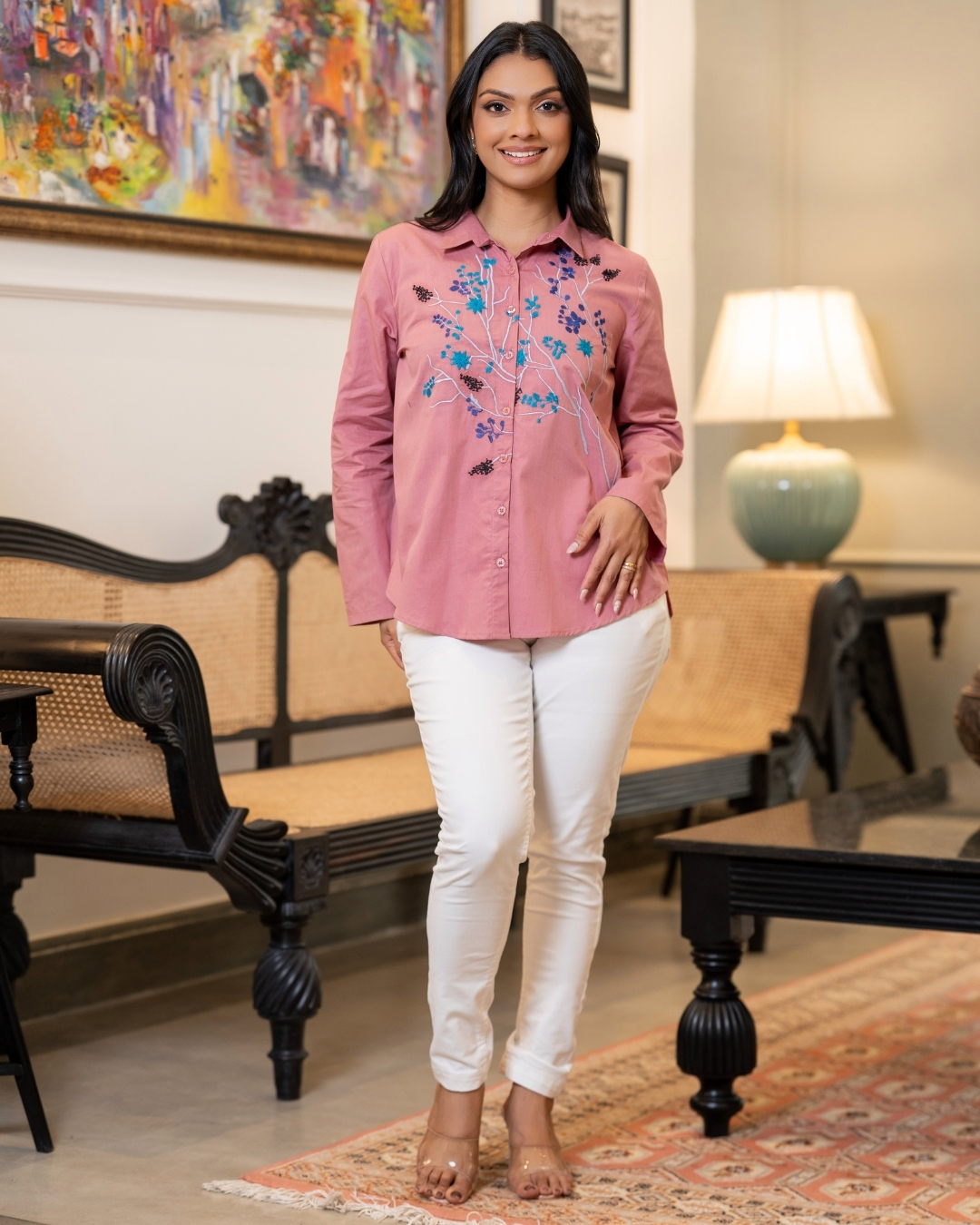 Floral Embroidery Detail Relaxed Fit Shirt Blouse - Image 3