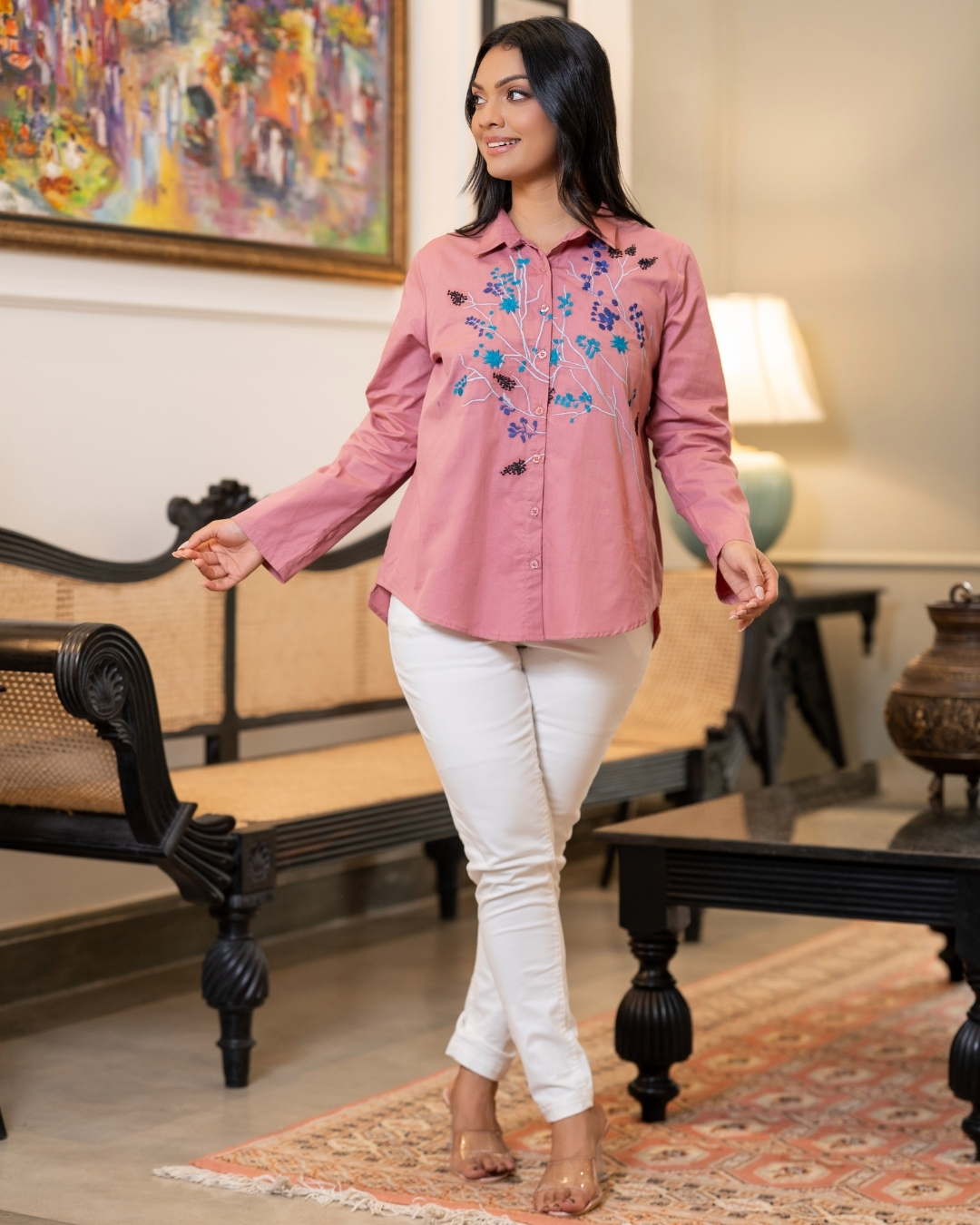 Floral Embroidery Detail Relaxed Fit Shirt Blouse - Image 5