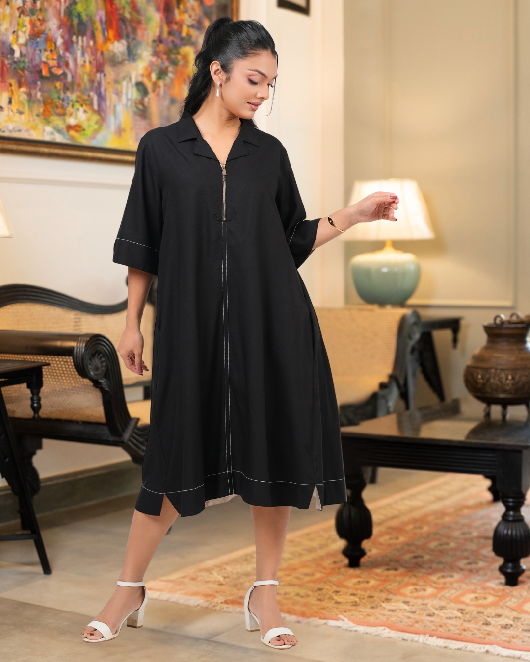 Relaxed Fit Zipper Detail Short Dress - Image 3