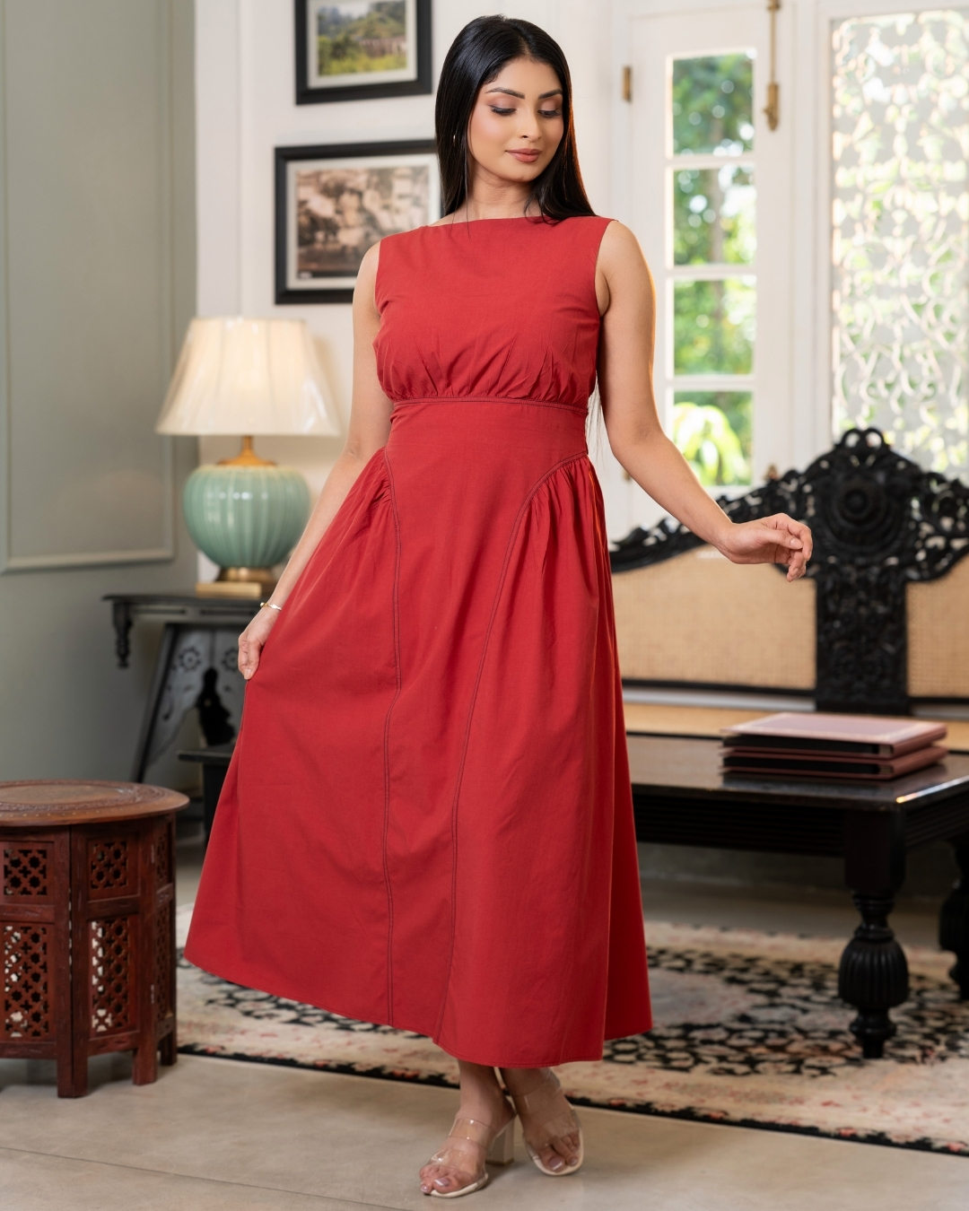 Sleeveless Boat Neck Midi Dress With Hip Detail - Image 2