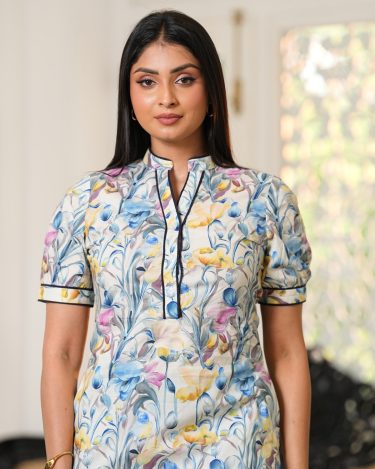 Mandarin Collar Short Shirt-Dress with Puff Sleeves