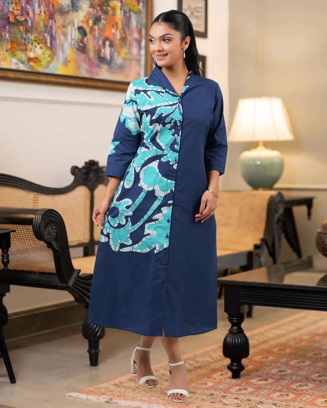 Lapel Collar Batik Midi Dress - Image 3