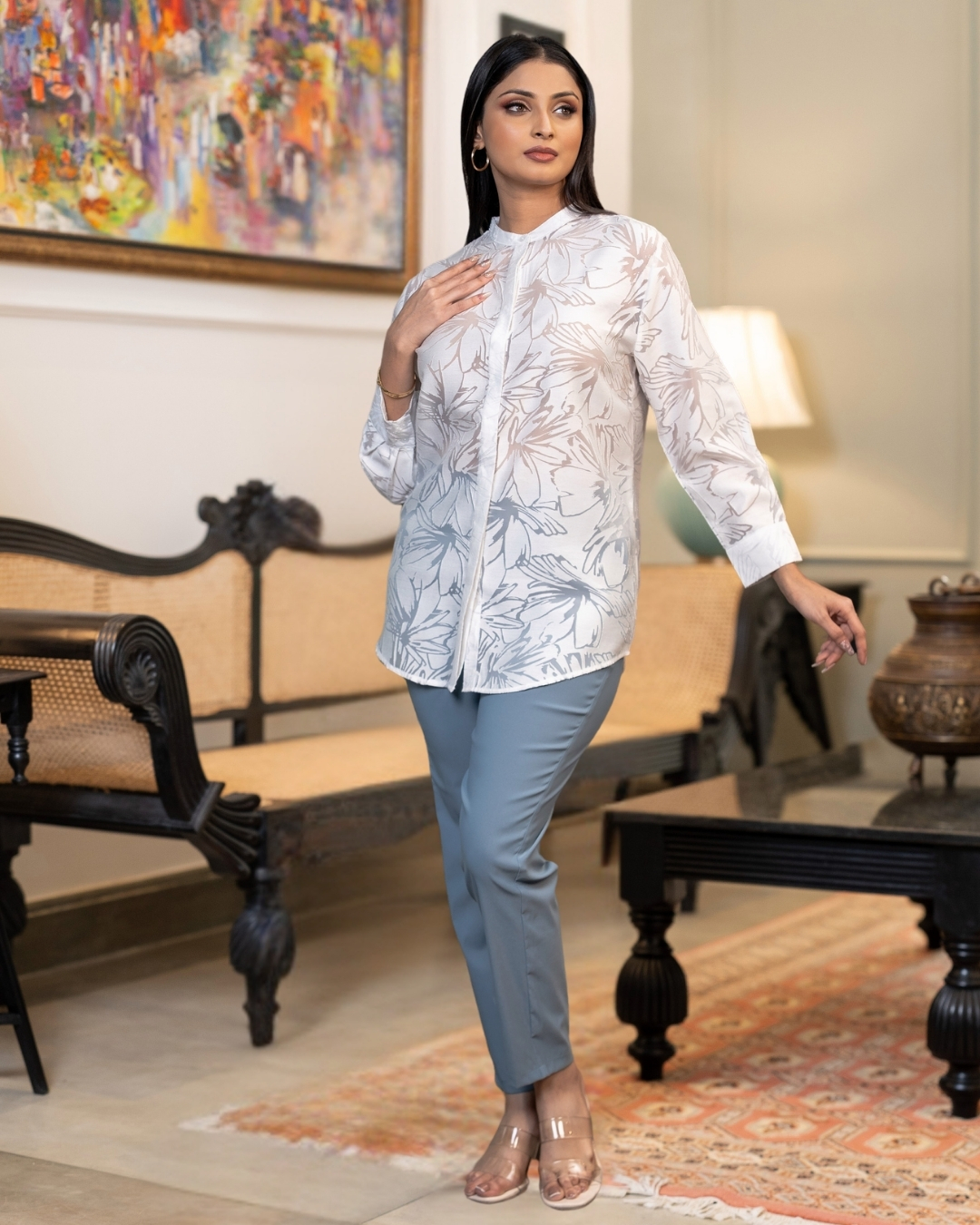 Chinese Collar Hidden Button Placket Detail Top - Image 3