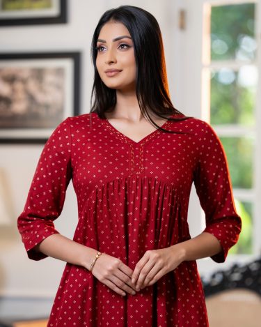 Empire-Waist V-Neck Midi Dress with Release Gathers