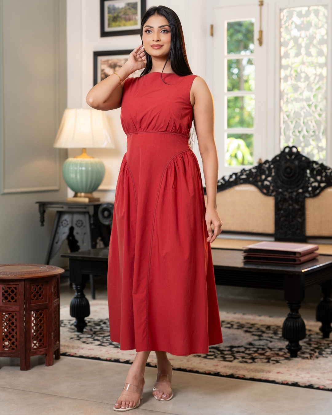 Sleeveless Boat Neck Midi Dress With Hip Detail - Image 3