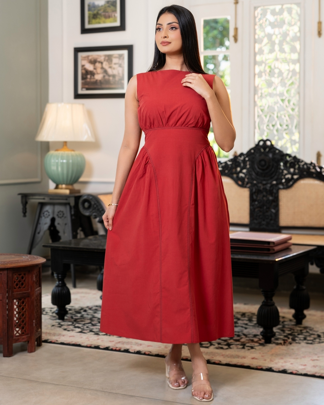 Sleeveless Boat Neck Midi Dress With Hip Detail - Image 4