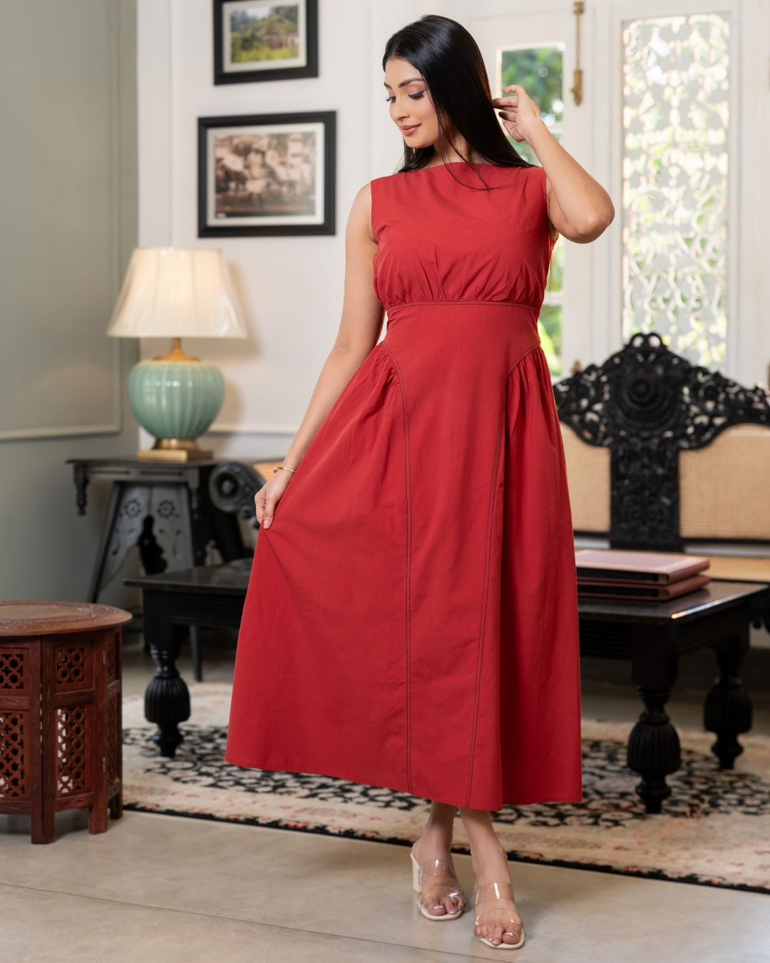 Sleeveless Boat Neck Midi Dress With Hip Detail - Image 7