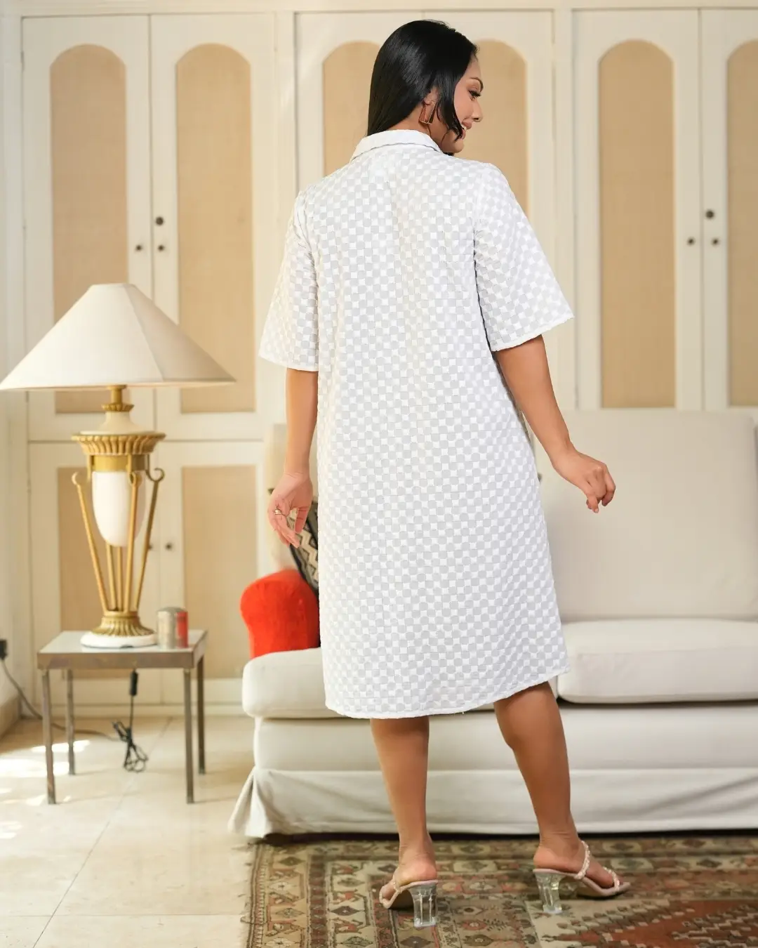 Button Down Short Collared White Dress - Image 5