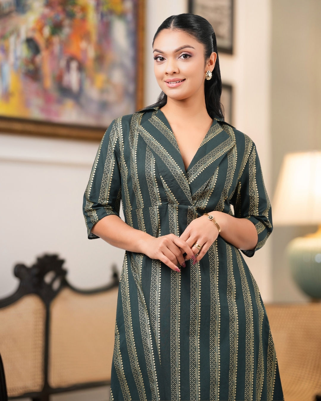 Border Patterned Lapel Collar Midi Dress