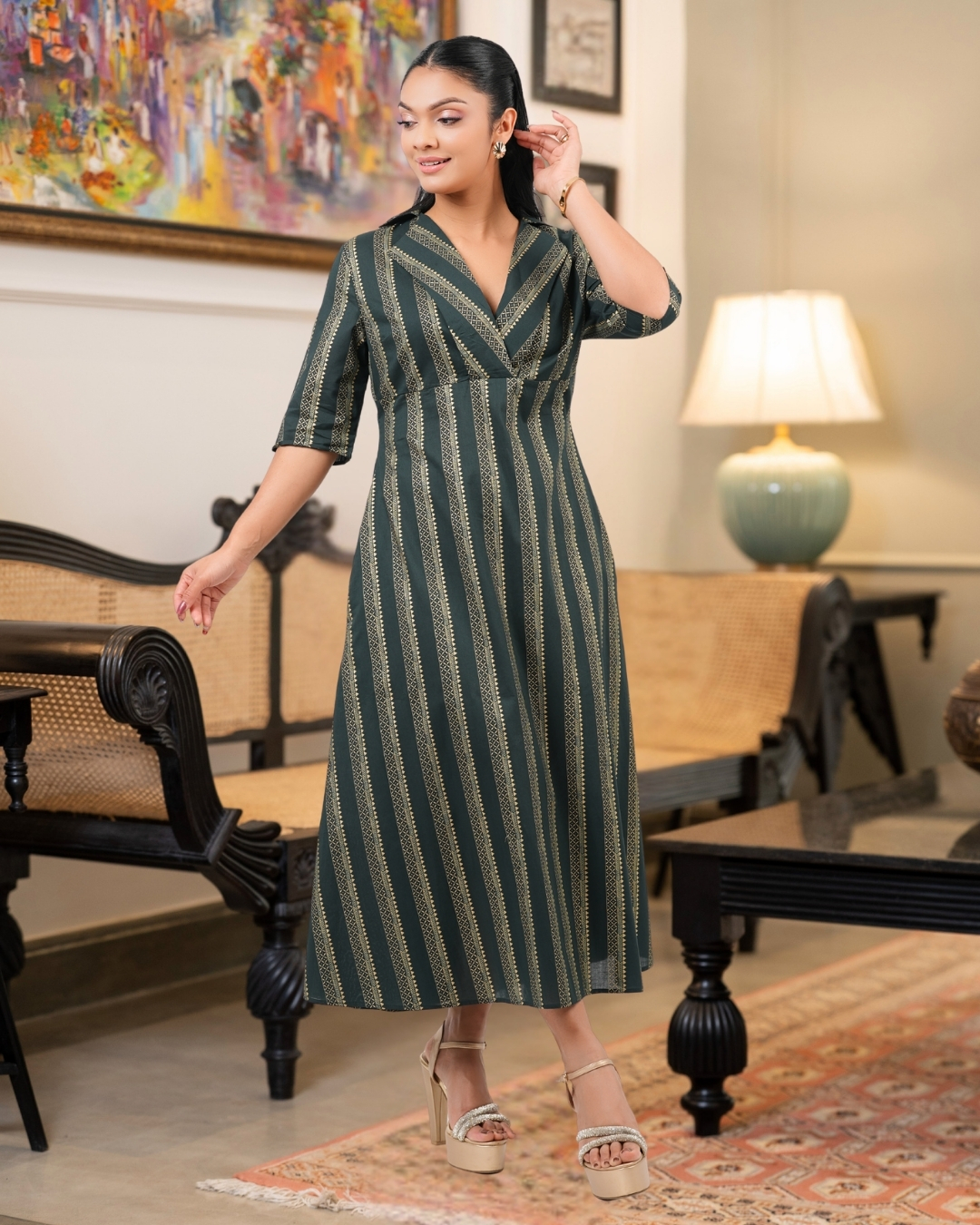 Border Patterned Lapel Collar Midi Dress - Image 5