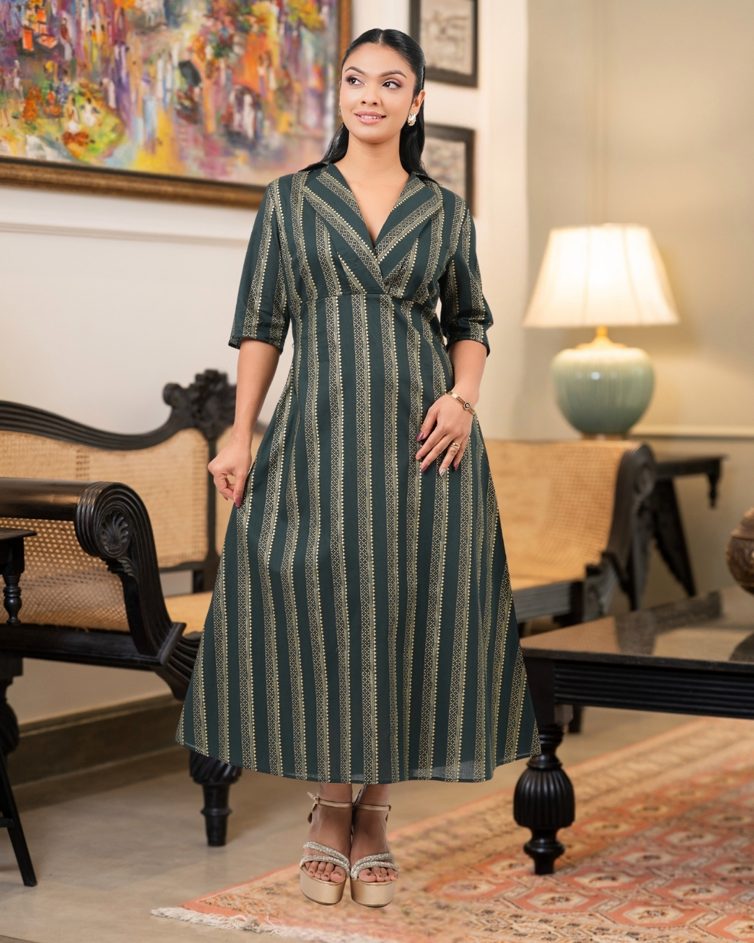 Border Patterned Lapel Collar Midi Dress - Image 3