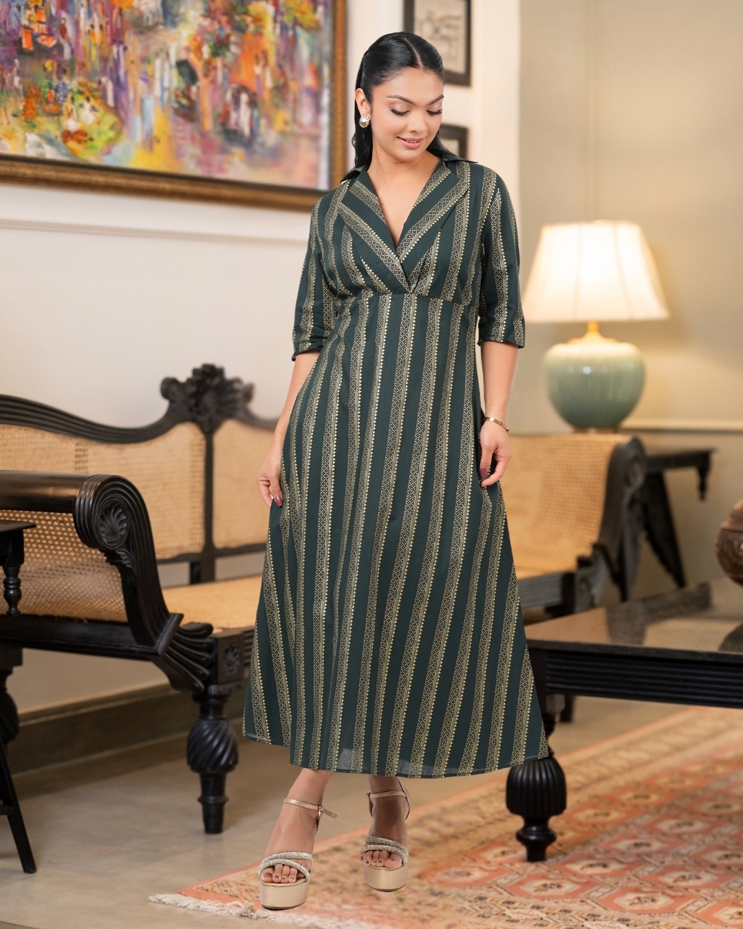 Border Patterned Lapel Collar Midi Dress - Image 4