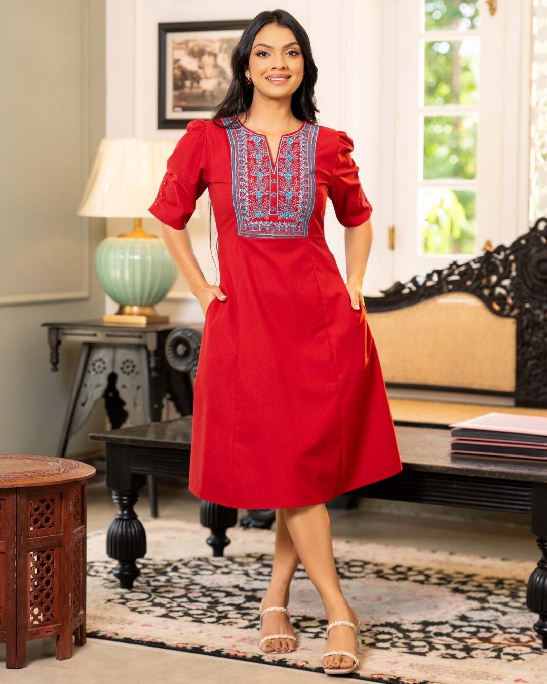 Short A-Line Dress with Front Decorative Embroidery - Image 2
