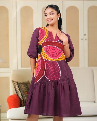 Batik Floral Print Short Dress with Balloon Sleeves