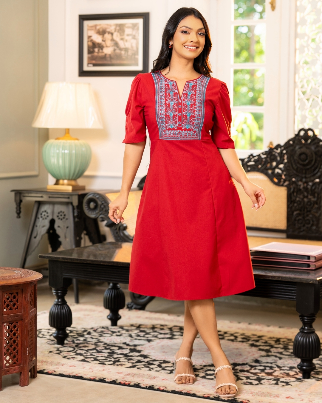 Short A-Line Dress with Front Decorative Embroidery - Image 3