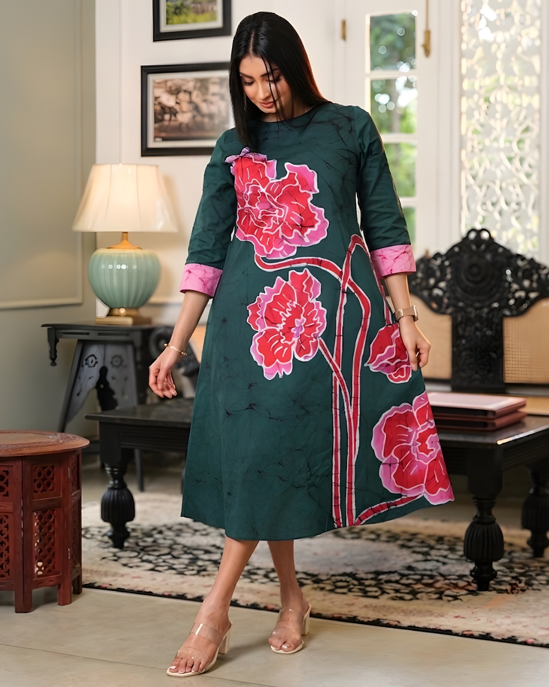 A-Line Floral Batik Midi Dress - Image 2
