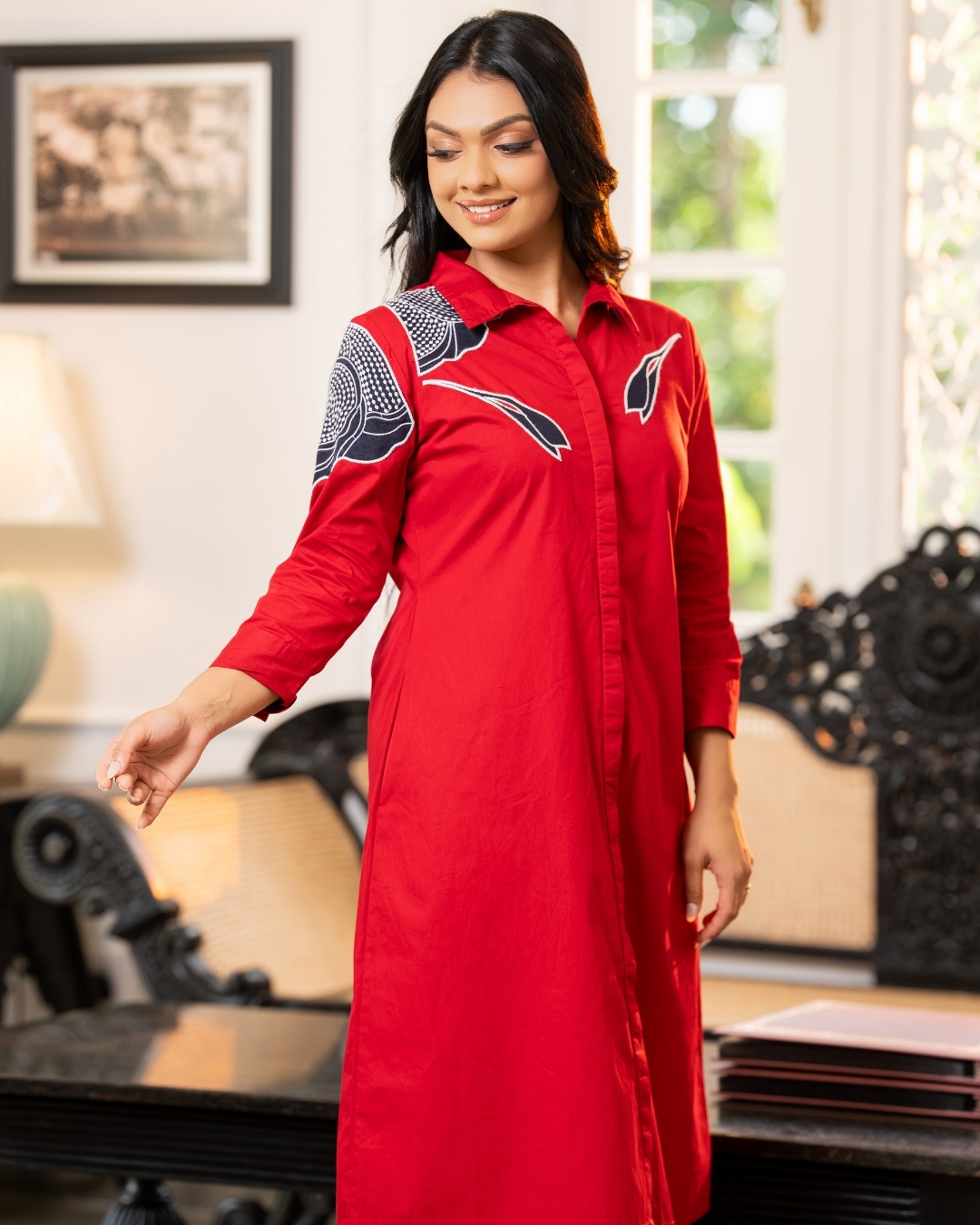 Flower Applique Button Down Short Dress - Image 2