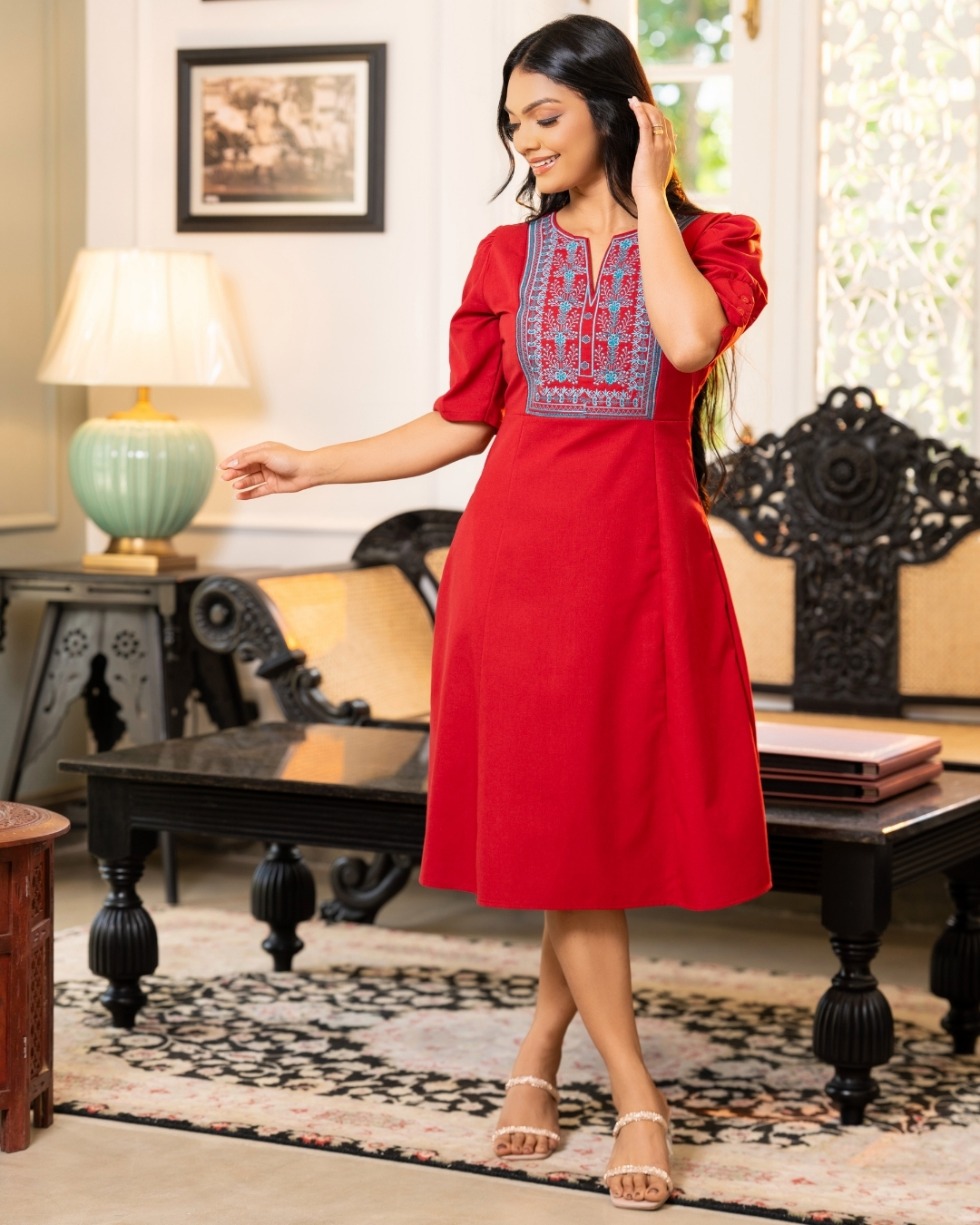 Short A-Line Dress with Front Decorative Embroidery - Image 4