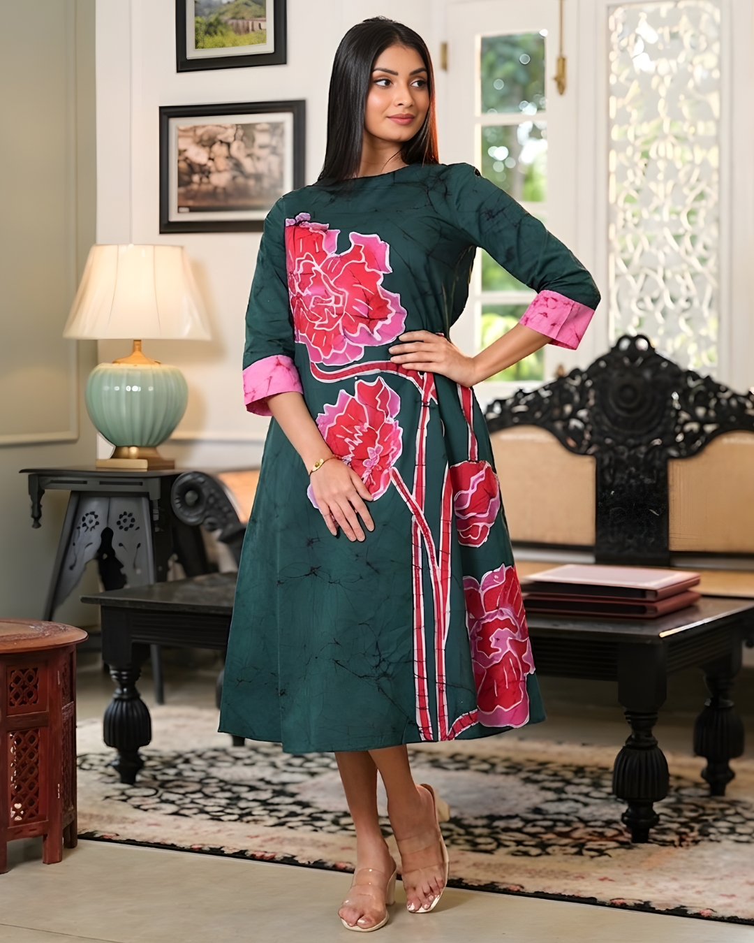 A-Line Floral Batik Midi Dress - Image 4