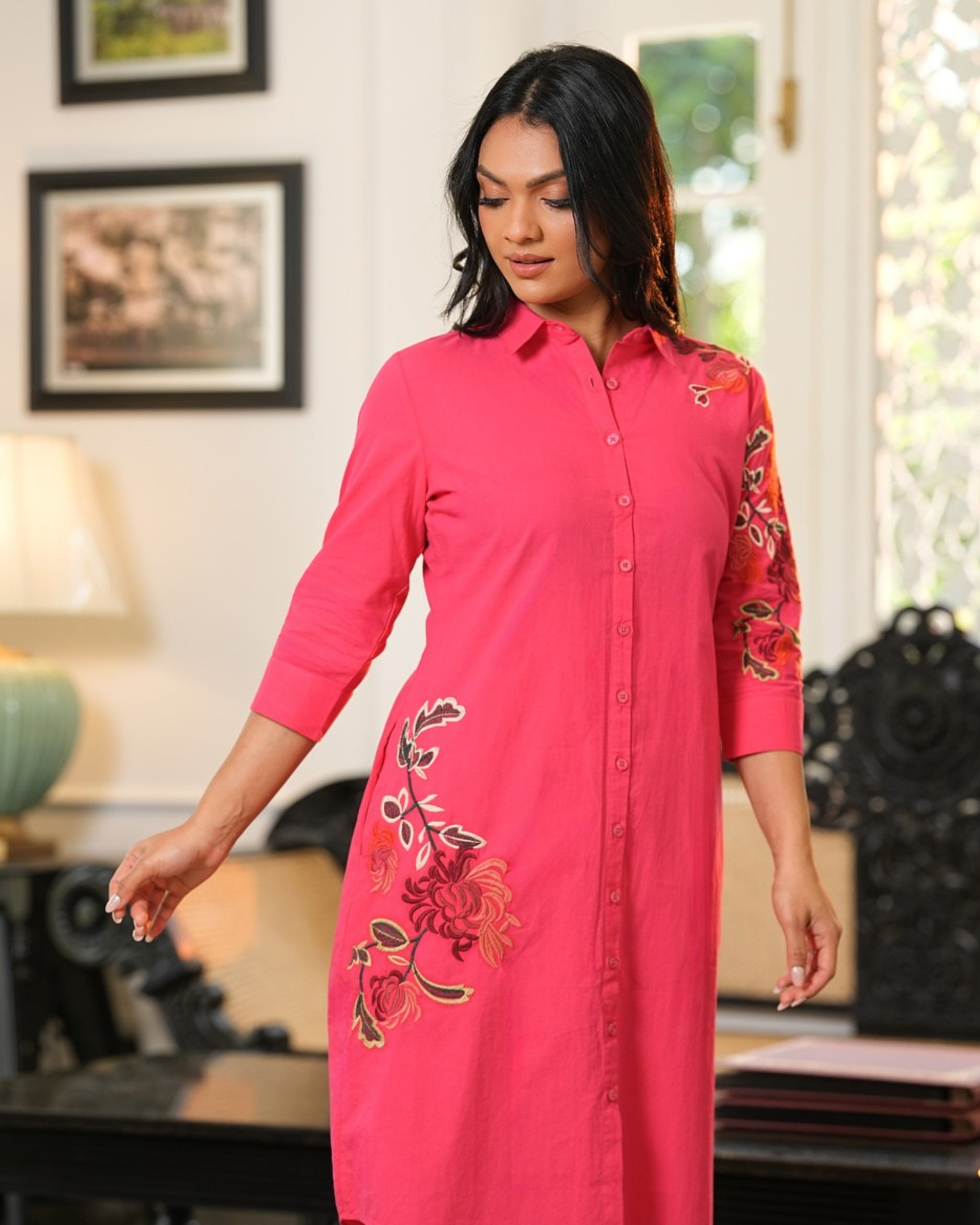 Button-Down Short Shirt Dress with Floral Embroidery - Image 5