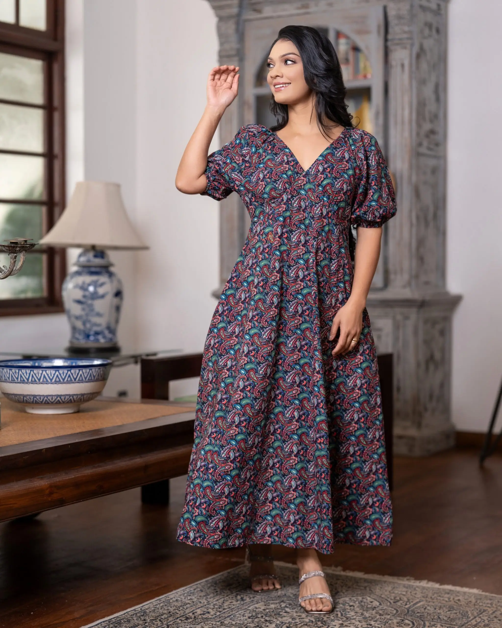 Empire Waist Midi Dress with Allover Paisley Print - Image 2