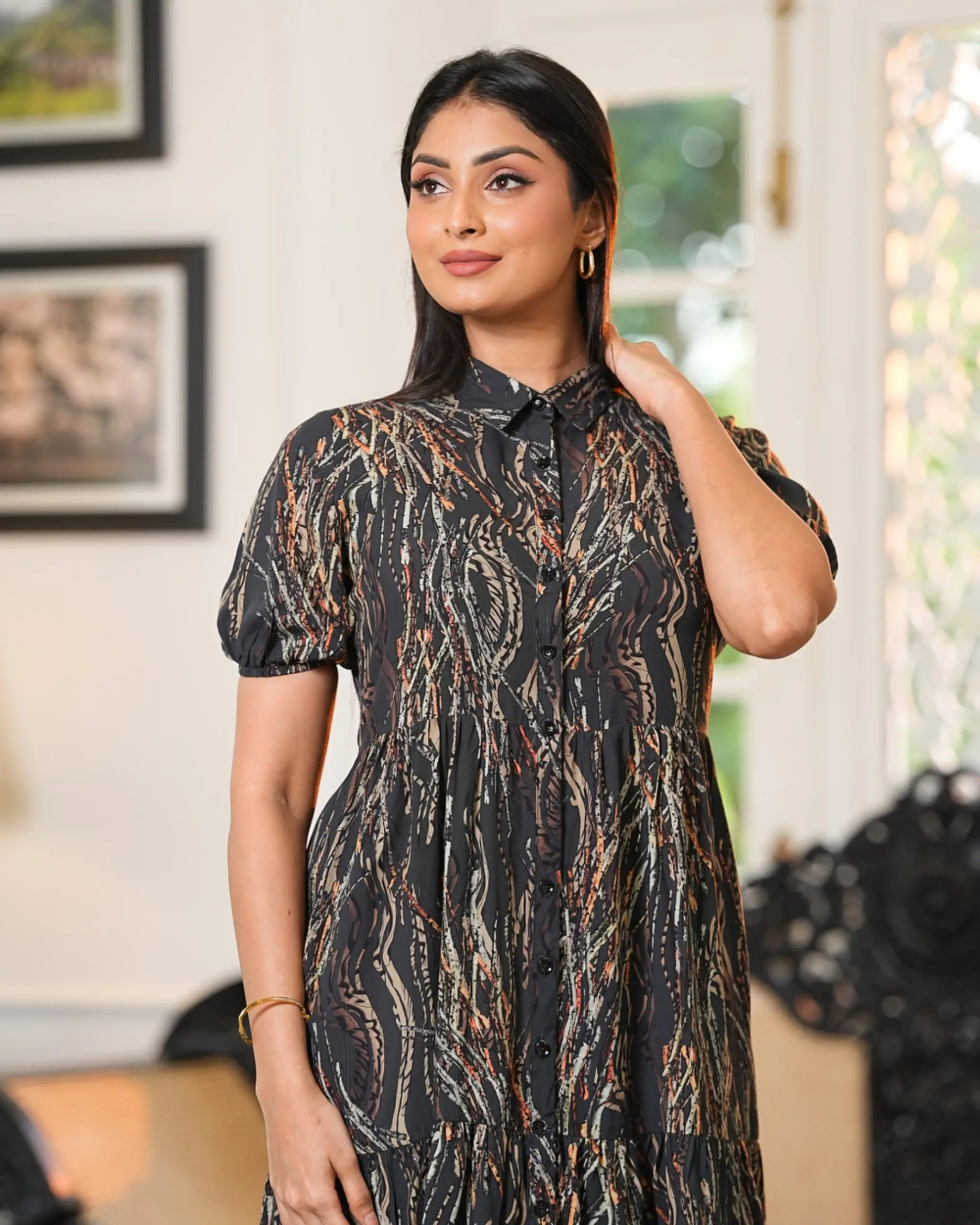 Abstract Patterned Puff Sleeve Short Dress - Image 5
