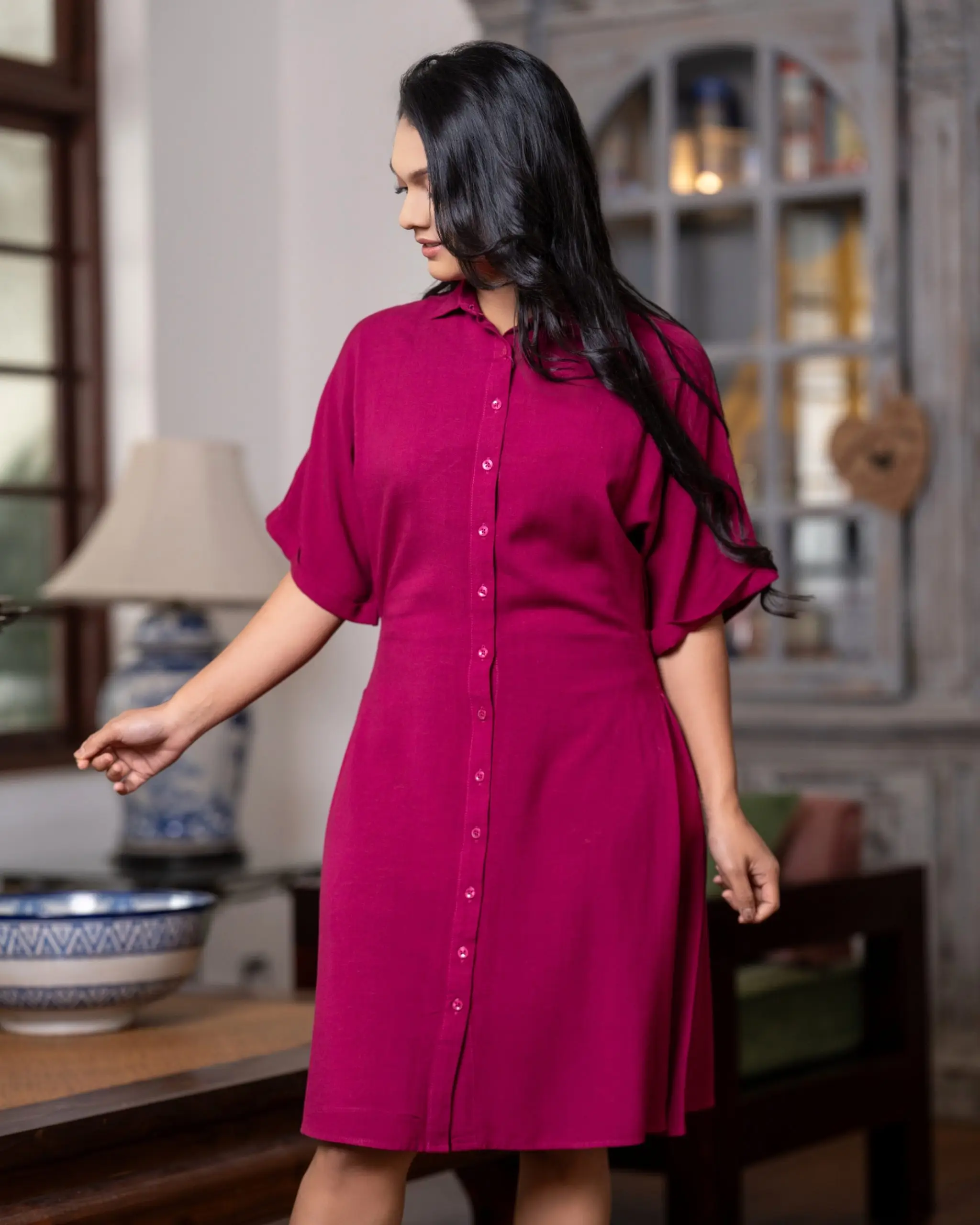 Side Pleated Button-Down Short Dress - Image 4
