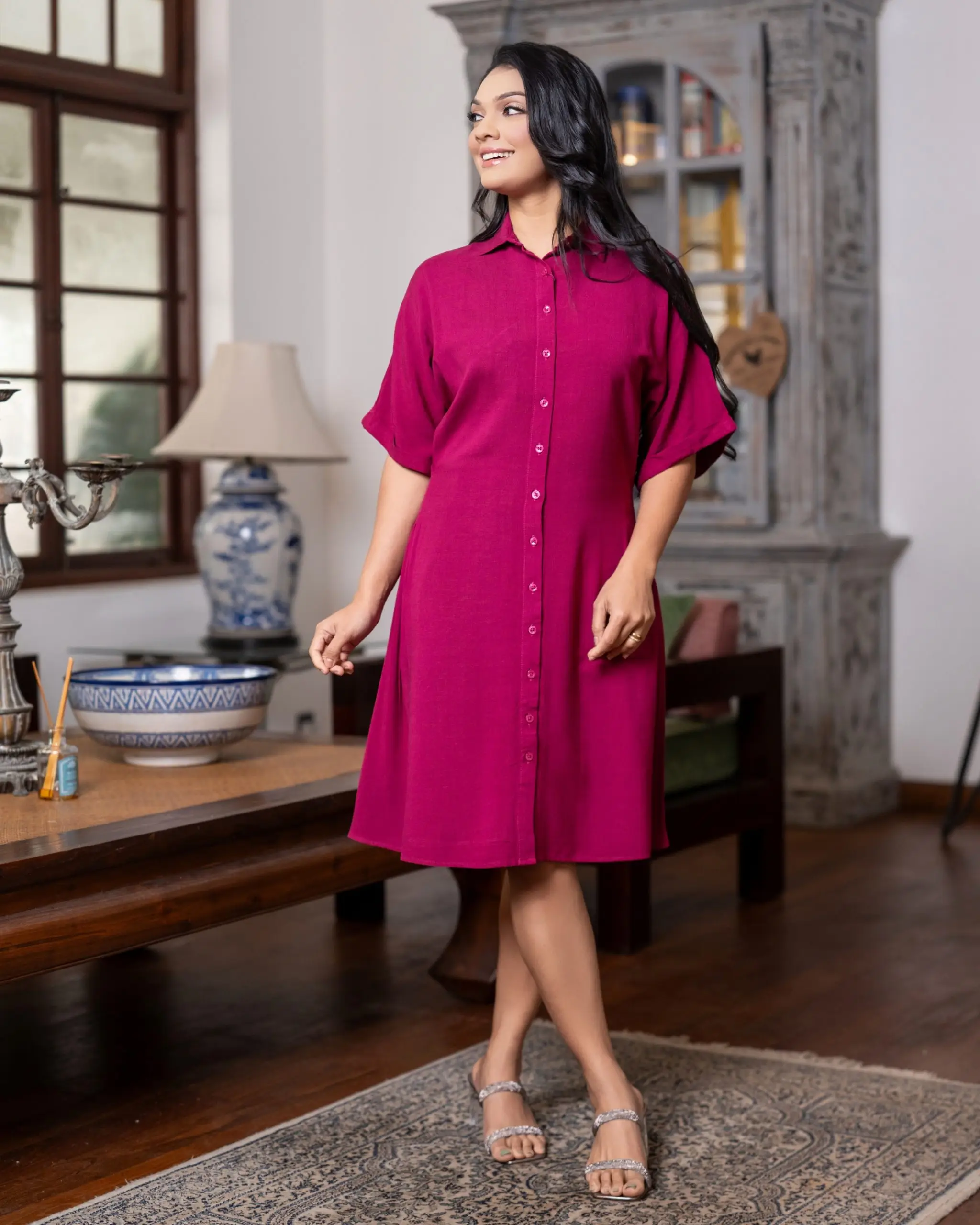 Side Pleated Button-Down Short Dress - Image 3