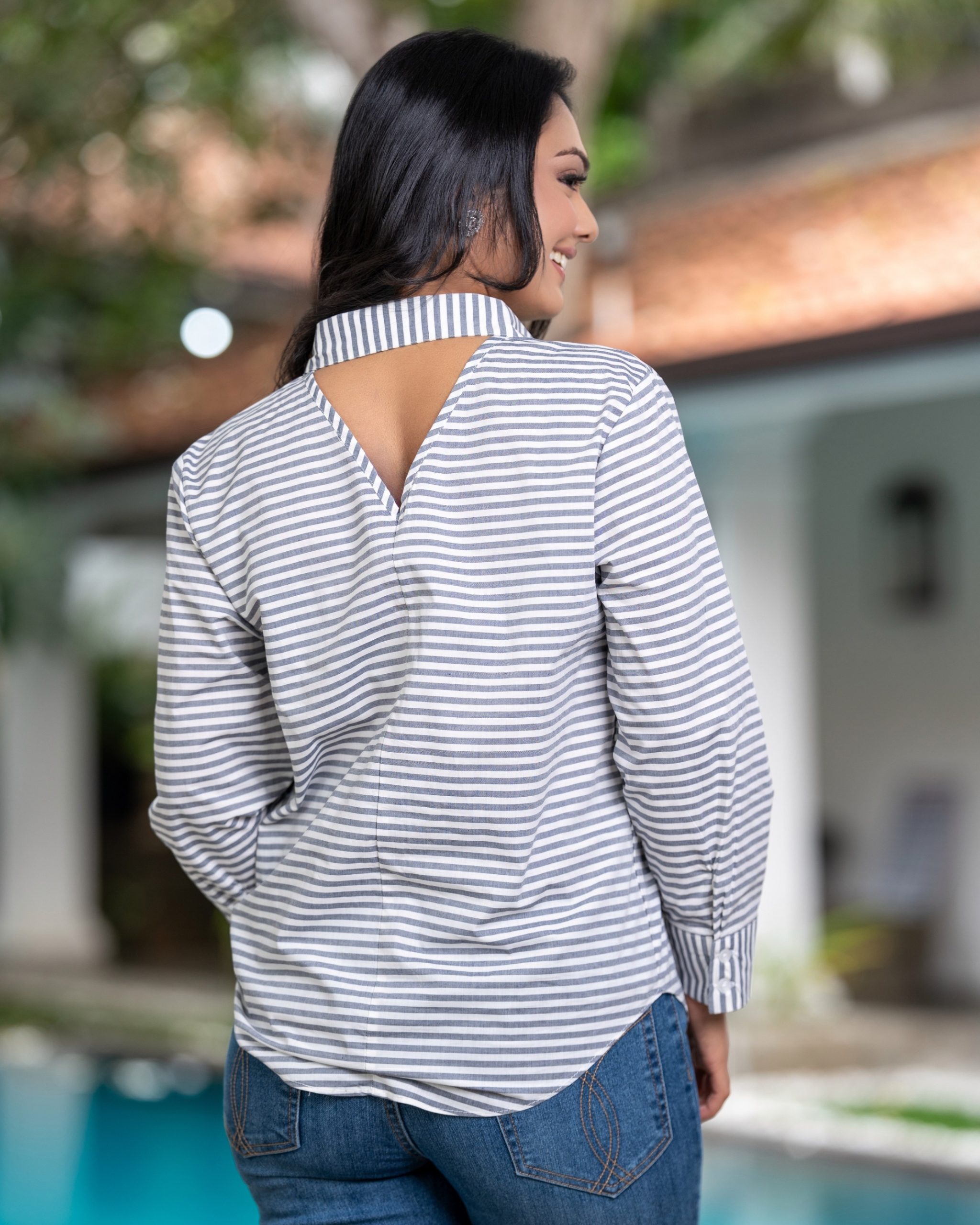 Long Sleeve Stripe Shirt Blouse With Back V Open Detail - Image 5