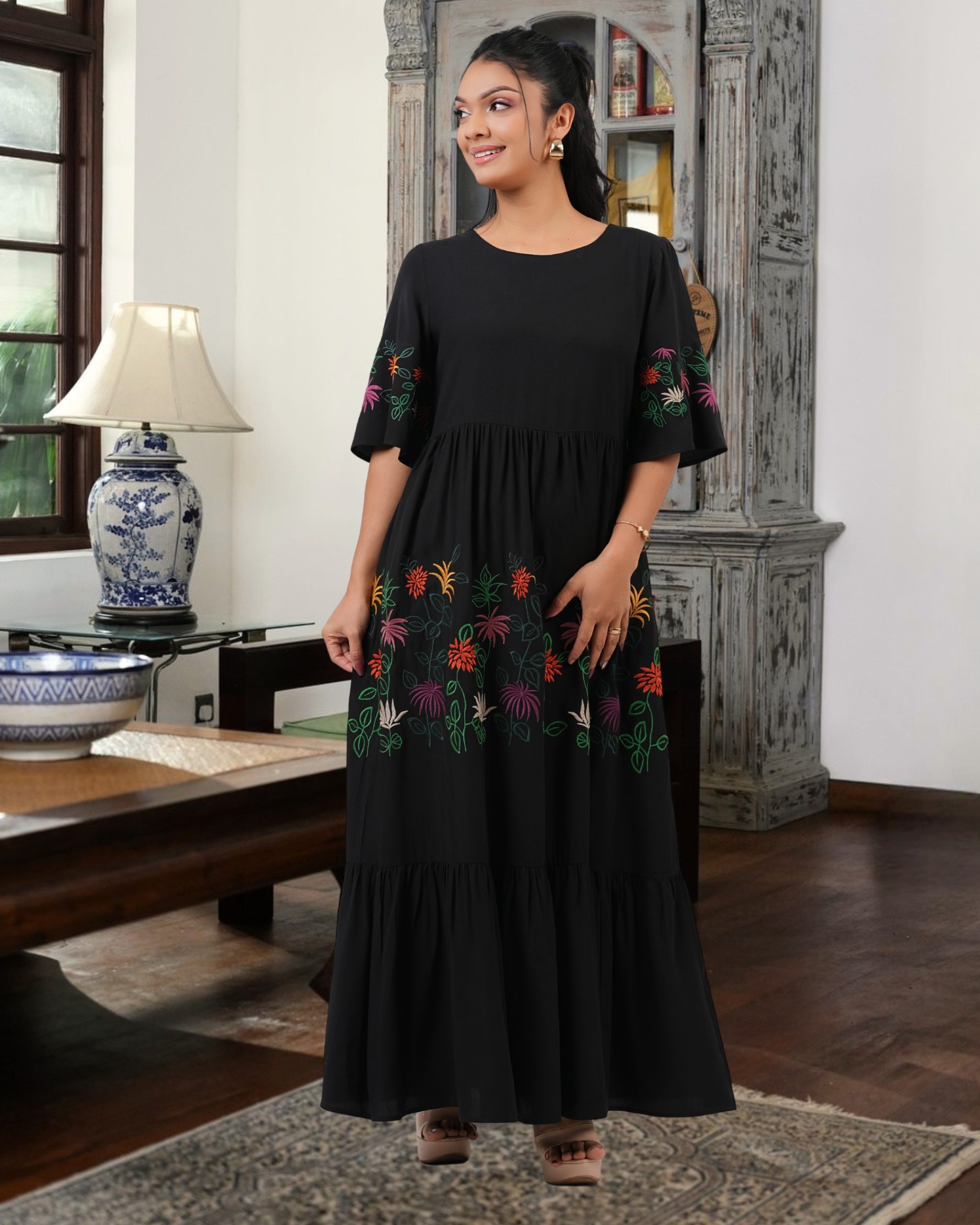 Floral Embroidery Tiered Maxi Dress - Image 2