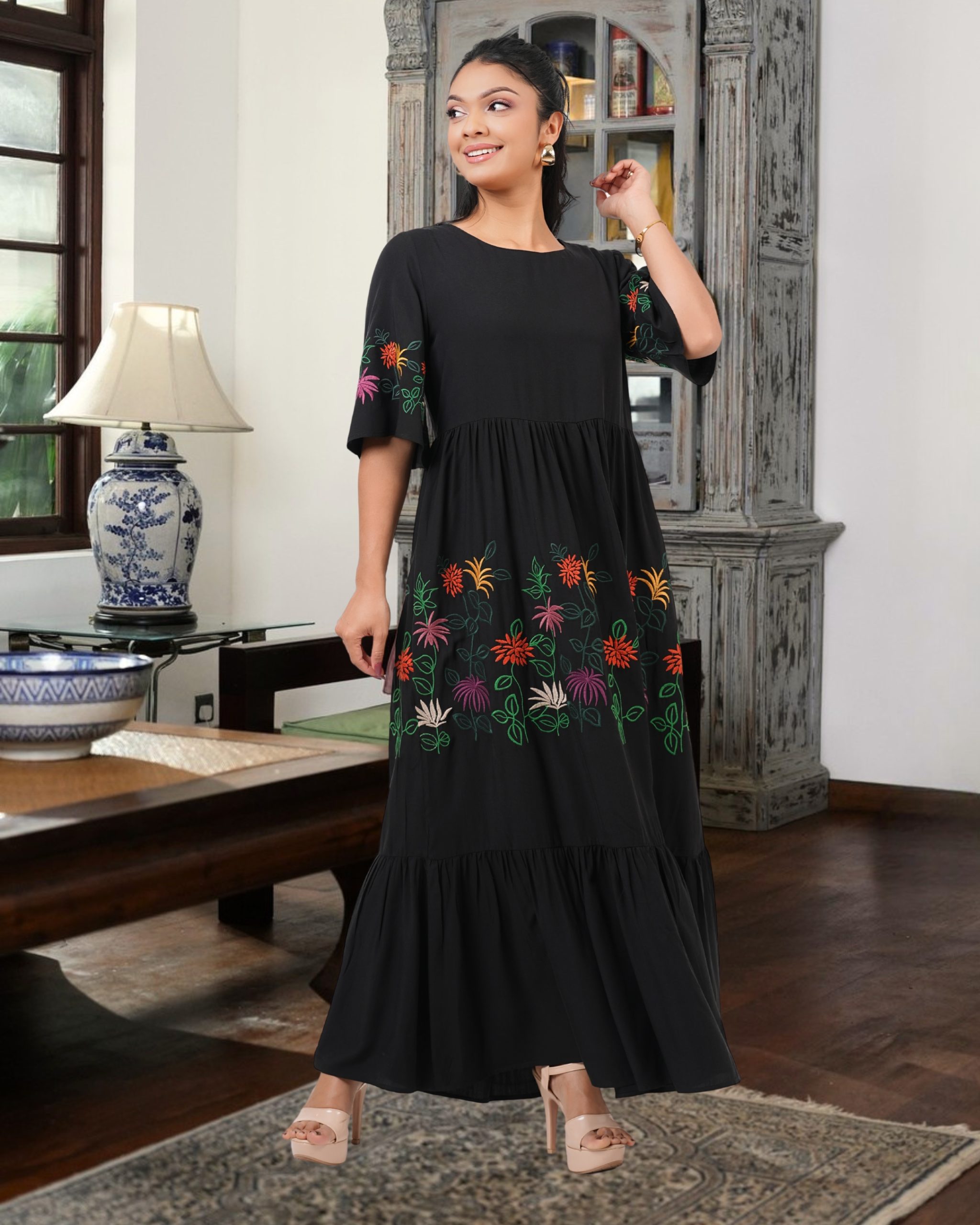 Floral Embroidery Tiered Maxi Dress - Image 3