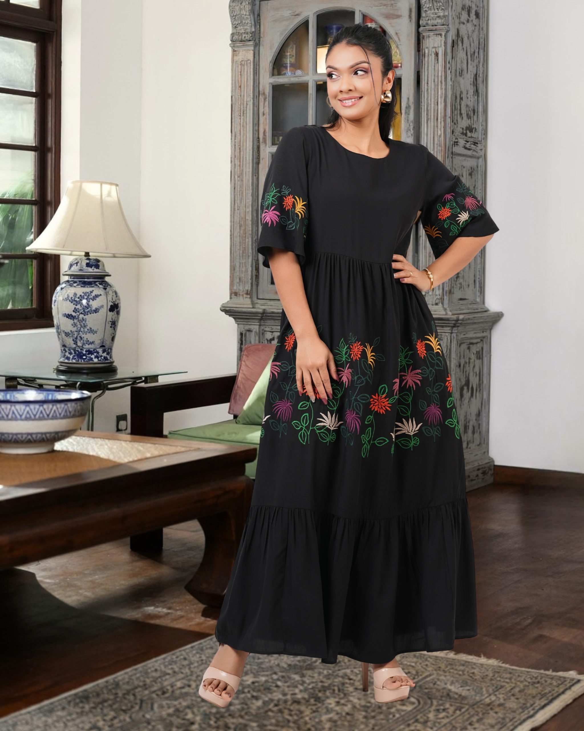 Floral Embroidery Tiered Maxi Dress