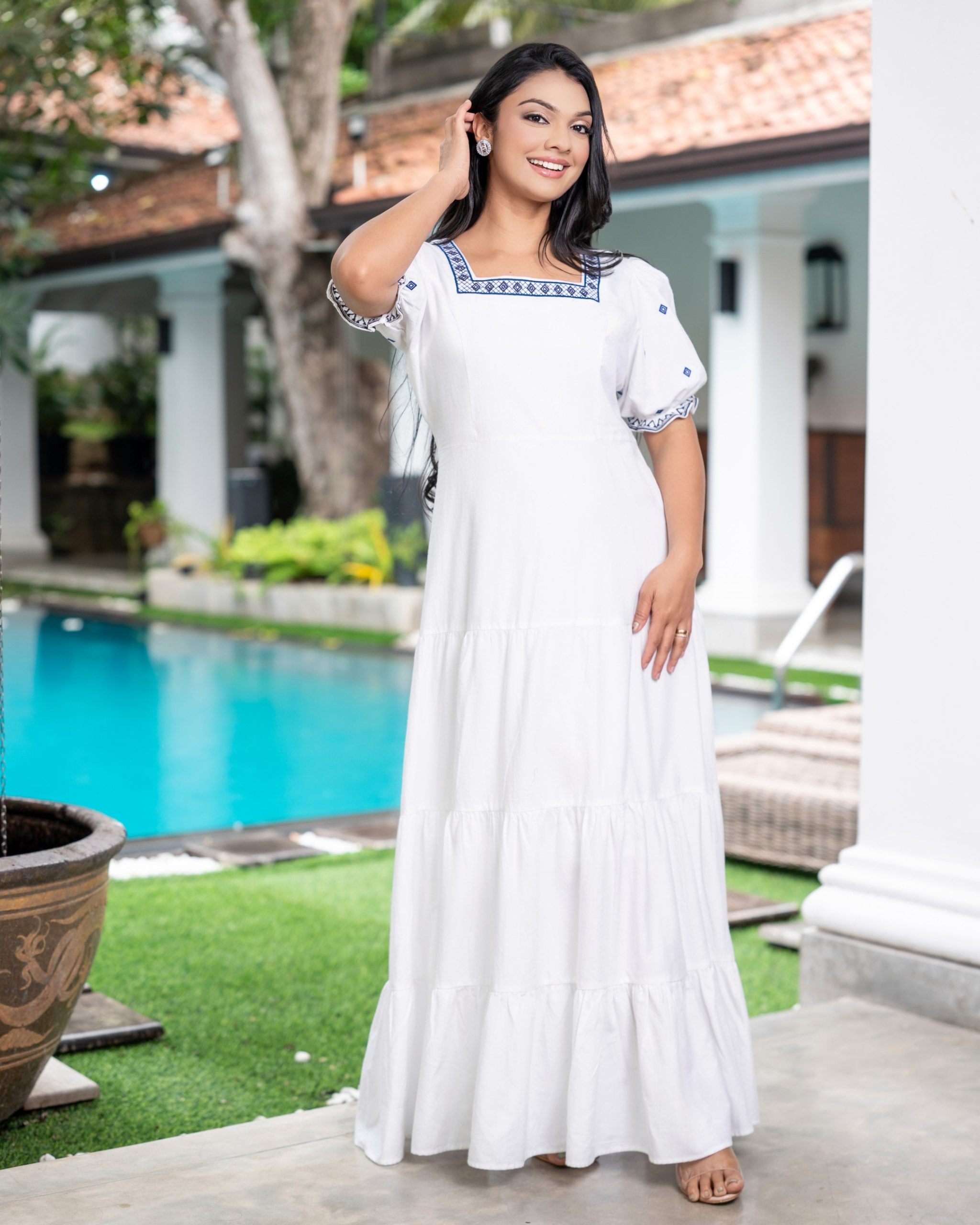 Square-Neck Tiered Maxi Dress with Geometric Embroidery - Image 5