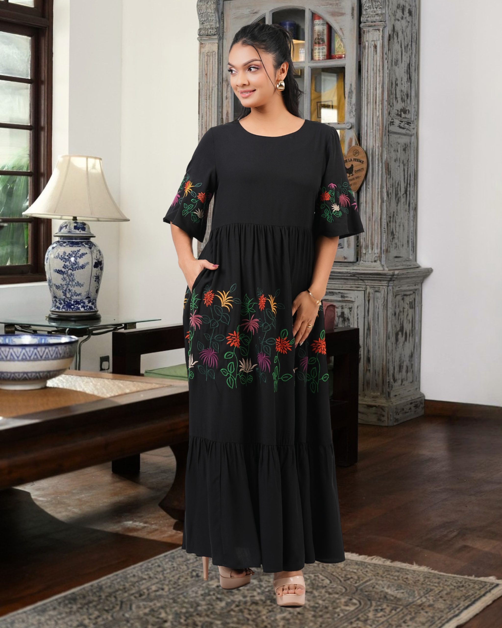 Floral Embroidery Tiered Maxi Dress - Image 4
