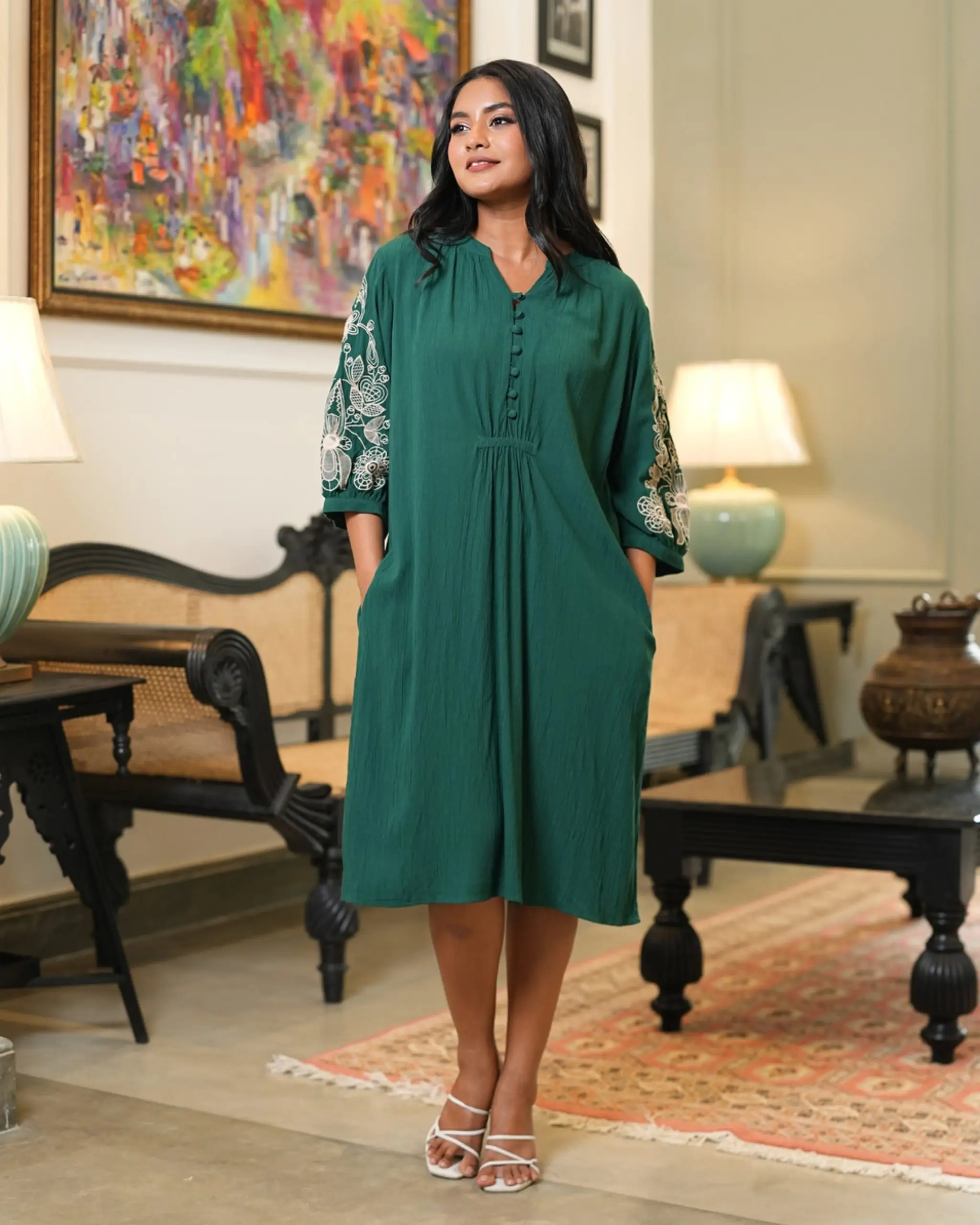 Embroidered Sleeve Crinkle Short Dress - Image 4
