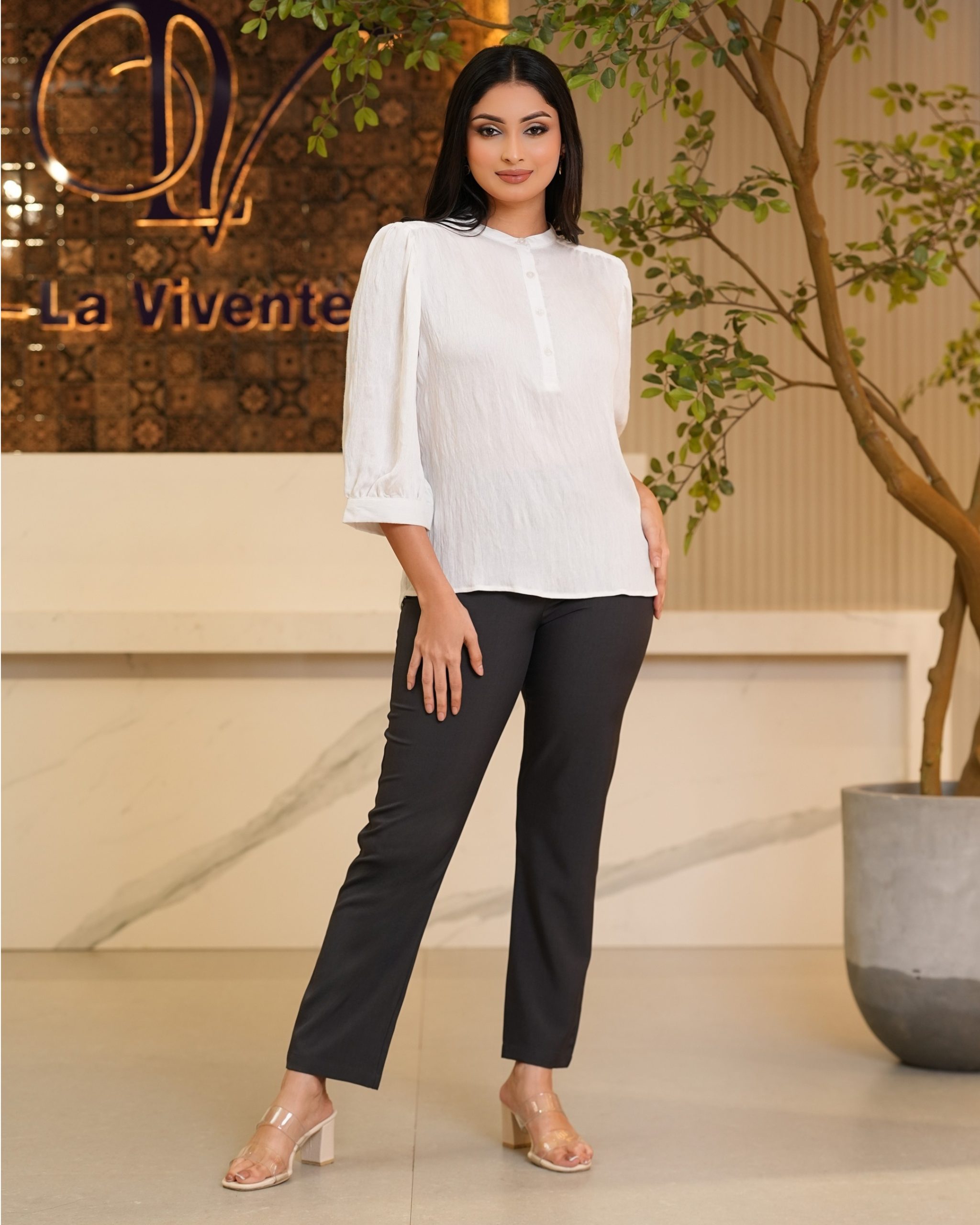 Mandarin Collar Henley Blouse with Gathered Bishop Sleeves - Image 5