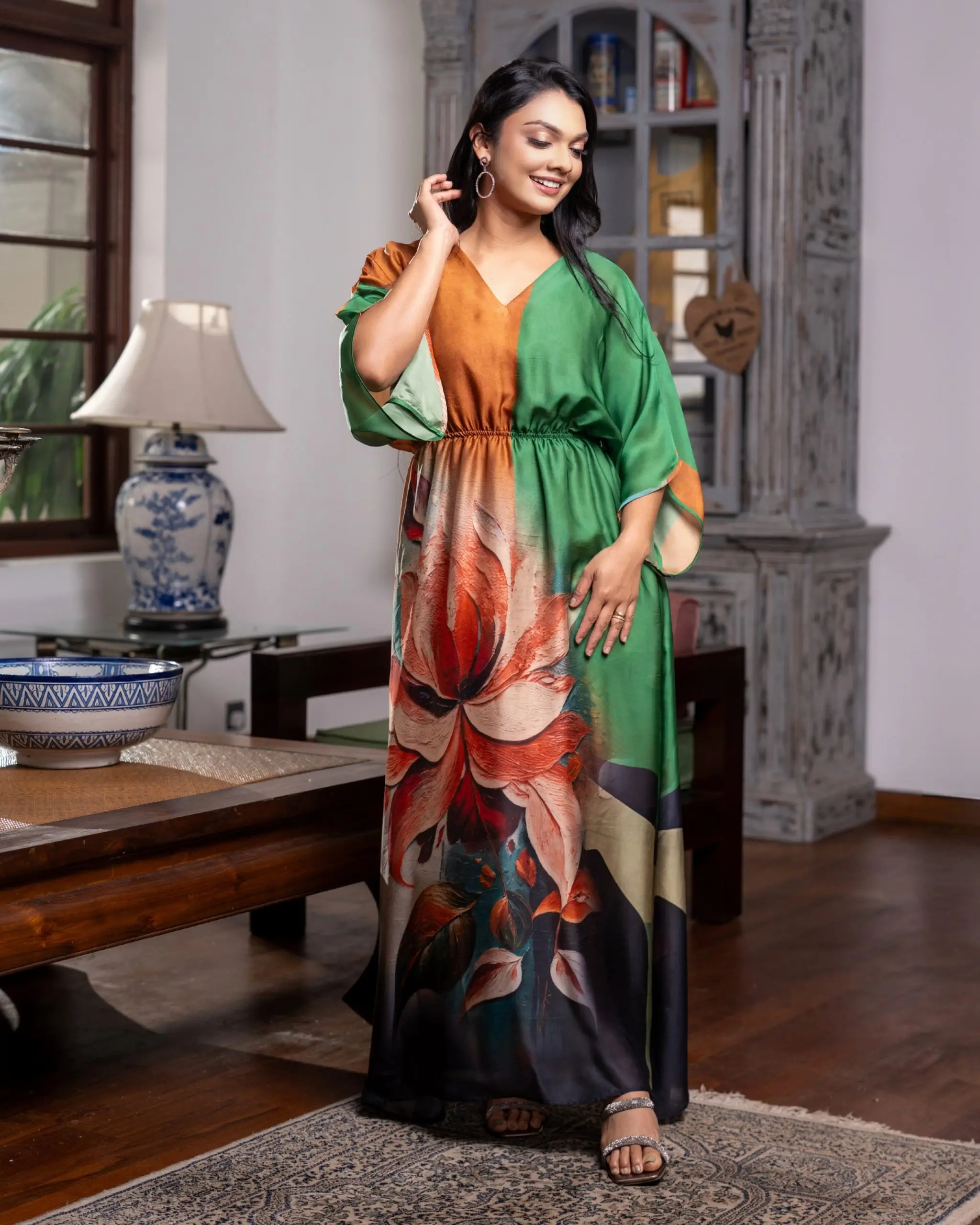 Asymmetric Color-Block Placement-Print Kaftan Maxi - Image 4