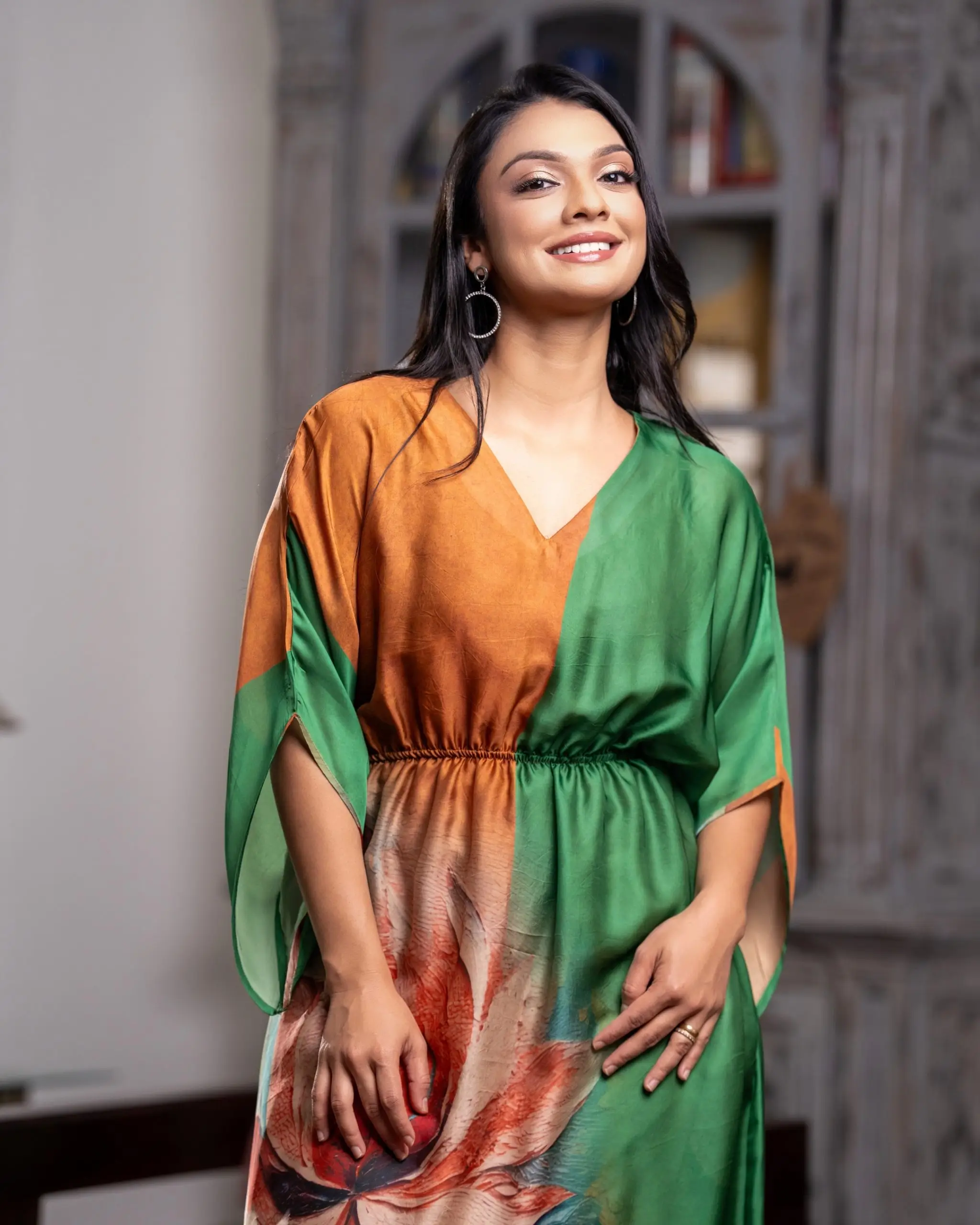 Asymmetric Color-Block Placement-Print Kaftan Maxi