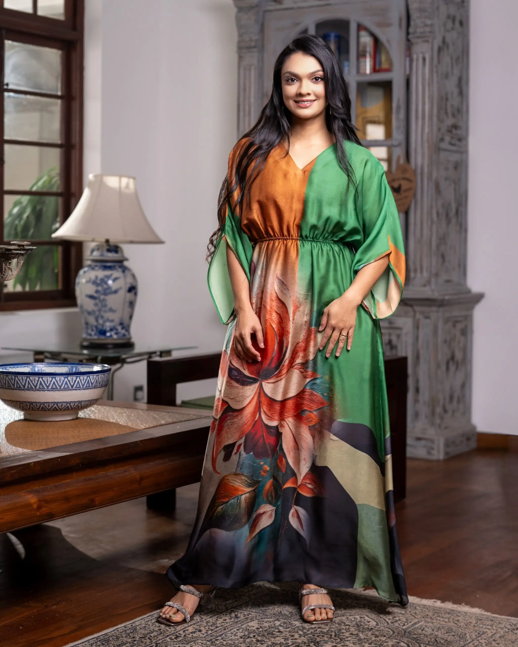 Asymmetric Color-Block Placement-Print Kaftan Maxi - Image 2