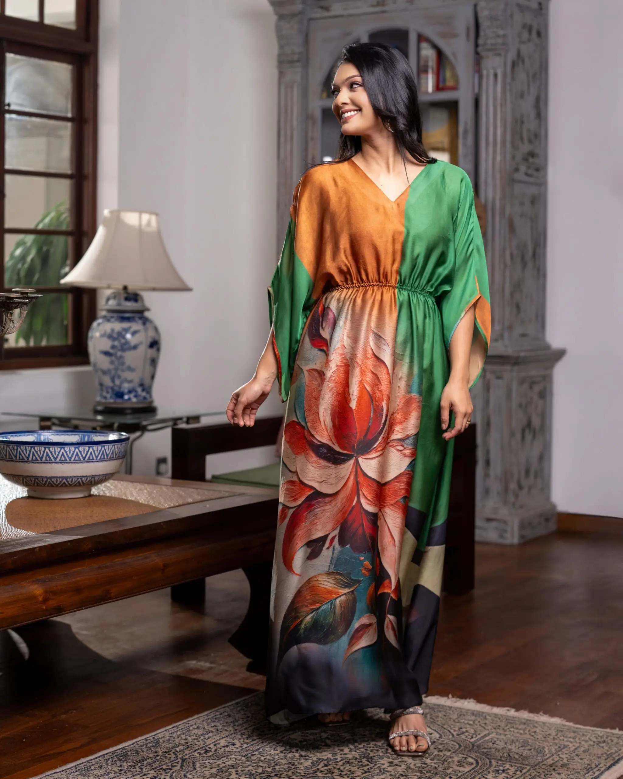 Asymmetric Color-Block Placement-Print Kaftan Maxi - Image 3