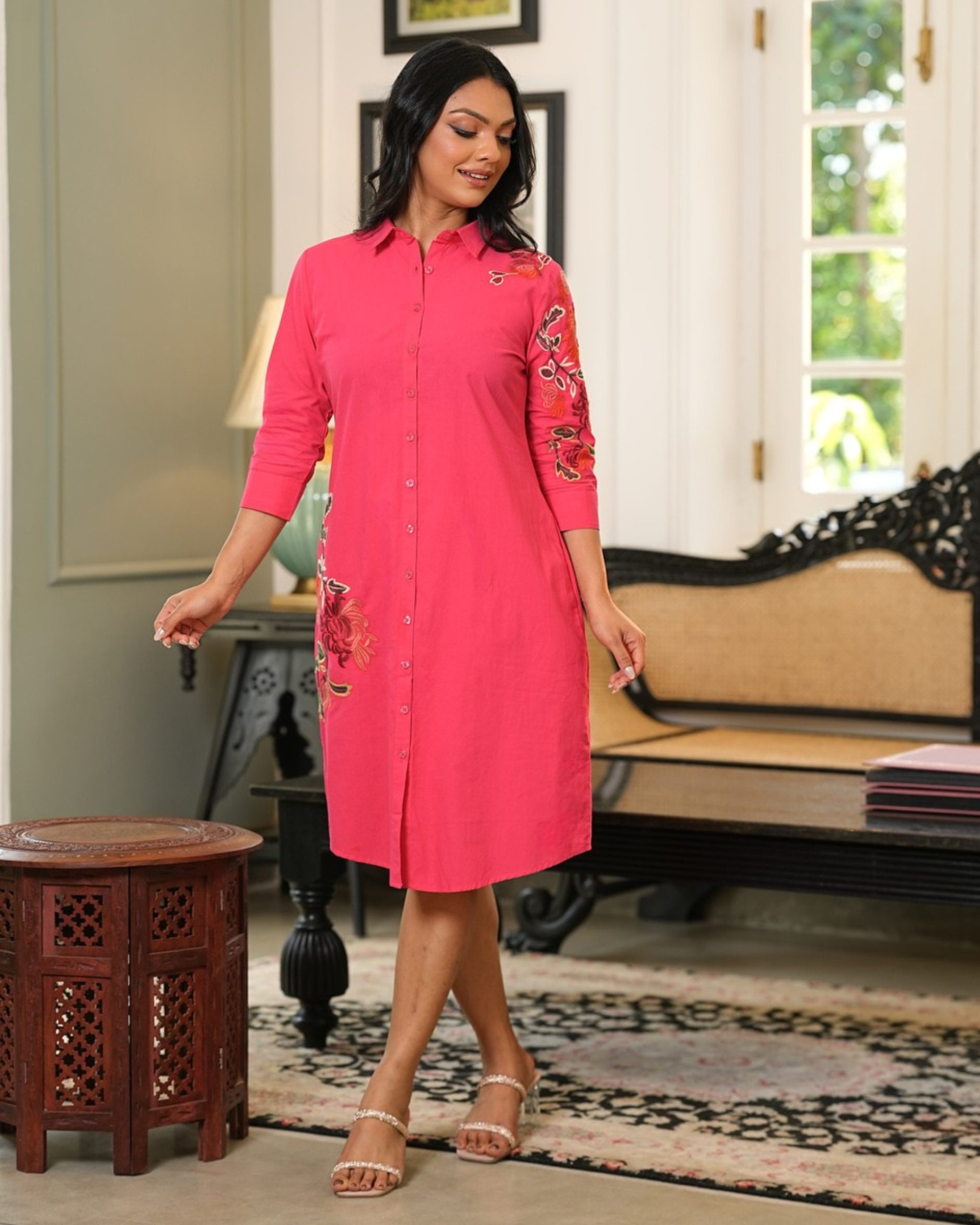 Button-Down Short Shirt Dress with Floral Embroidery - Image 3