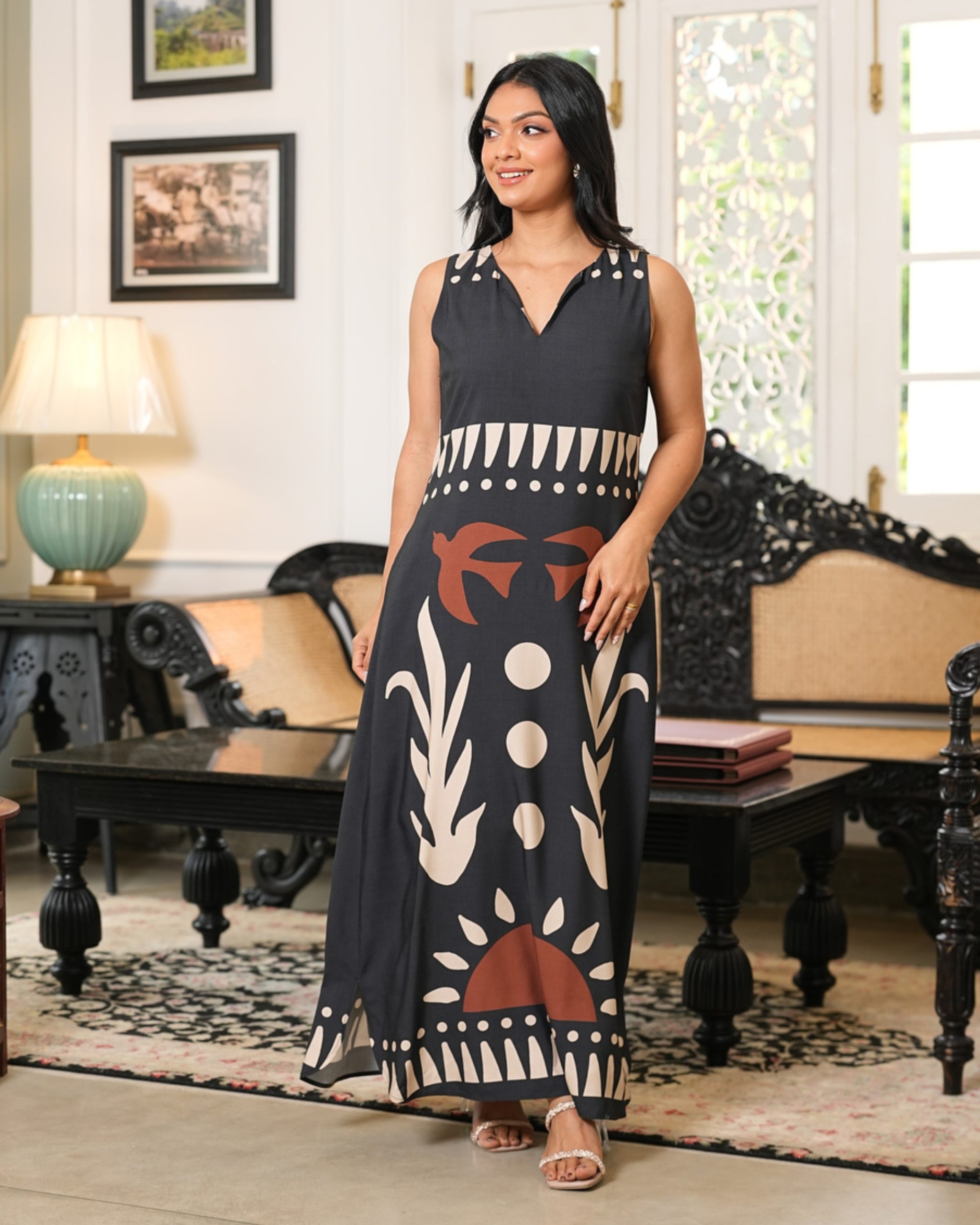 Sleeveless Split-Neck Maxi with Contrast Border Prints - Image 2