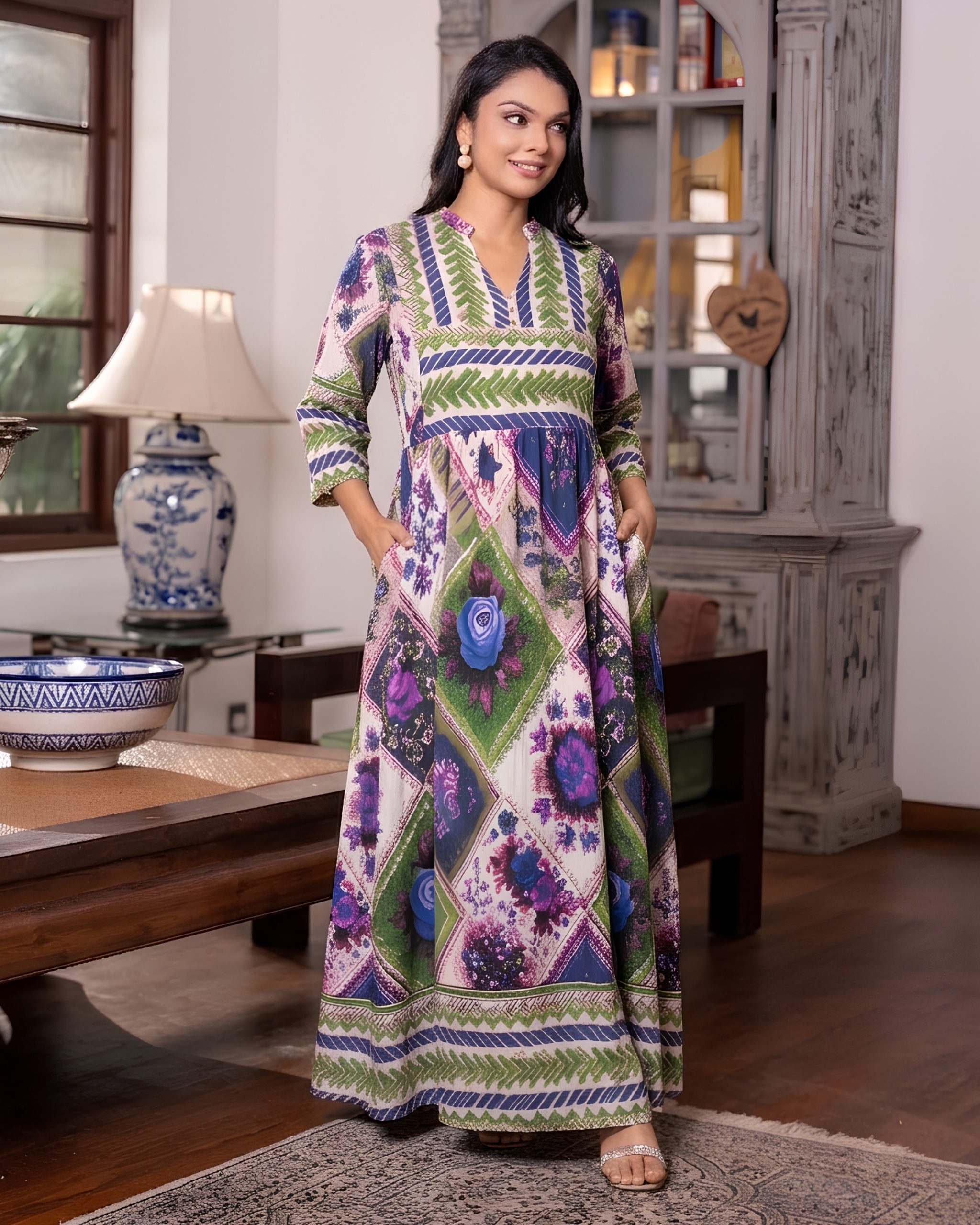 Empire waist Boho Harlequin Floral Maxi Dress - Image 2