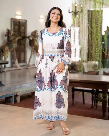 Floral Print Lace-Up Front Lantern Sleeve Maxi
