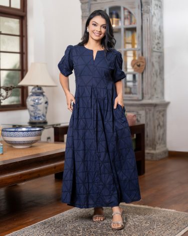 Split-V Neck Puffed Sleeve Cross-Hatch Textured Maxi Dress