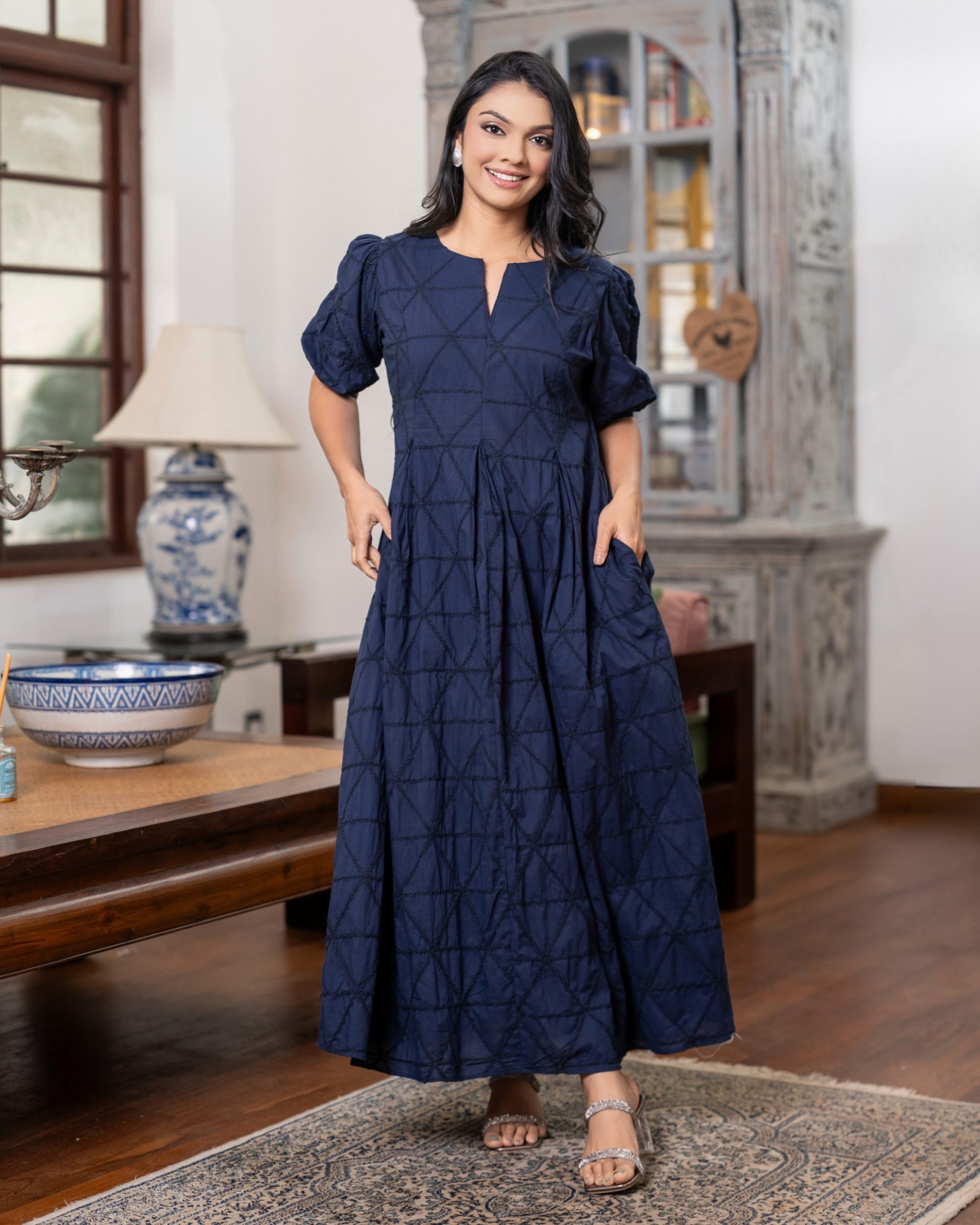 Split-V Neck Puffed Sleeve Cross-Hatch Textured Maxi Dress