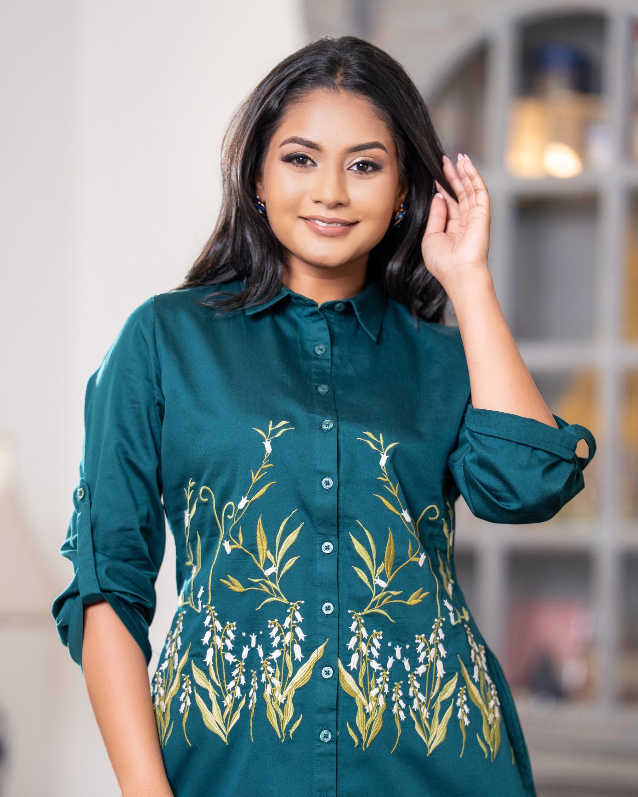 Teal Botanical Roll-Sleeve Embroidered Short Shirt Dress - Image 6