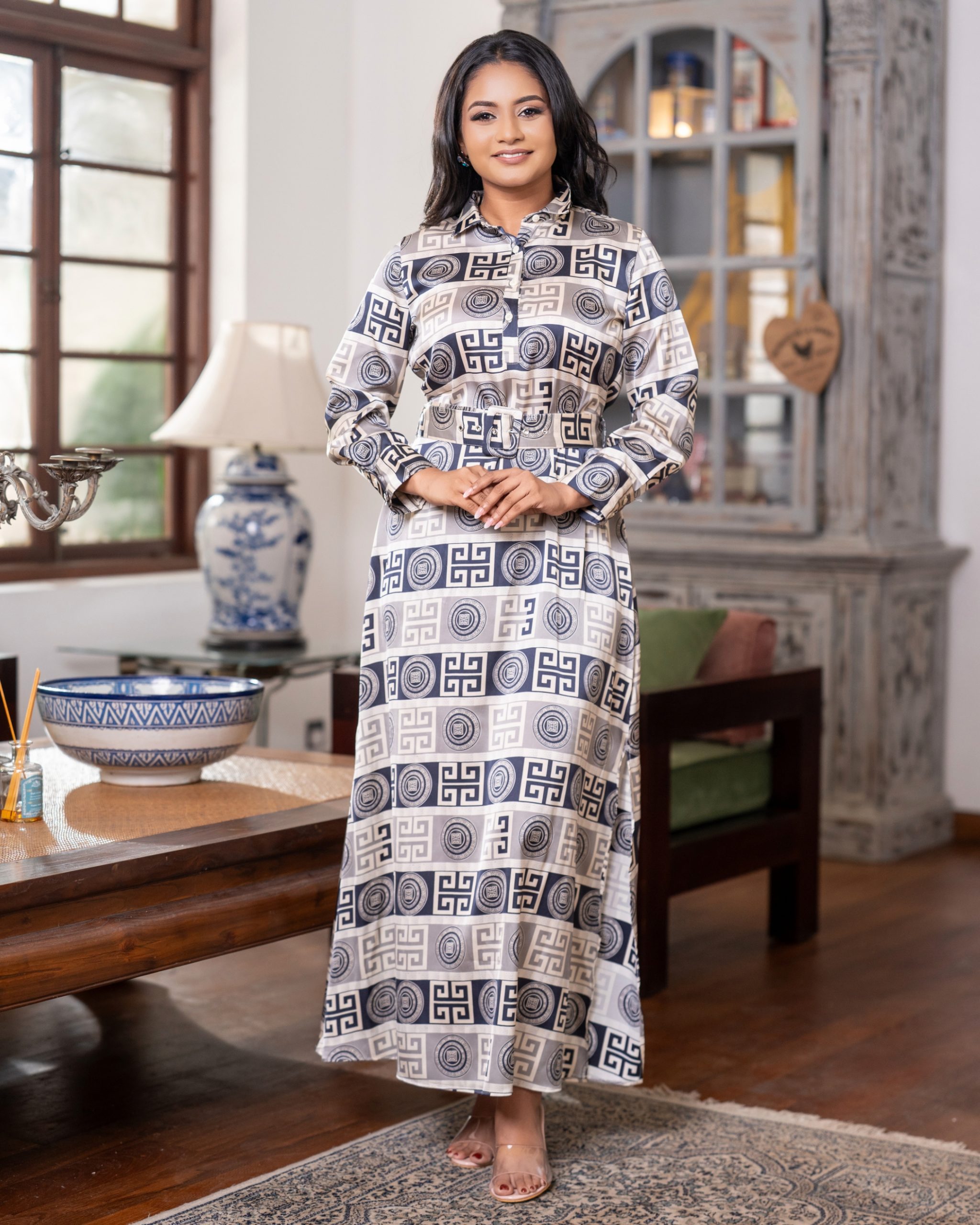 Belted Geometric Graphic Print Maxi Shirt Dress - Image 4